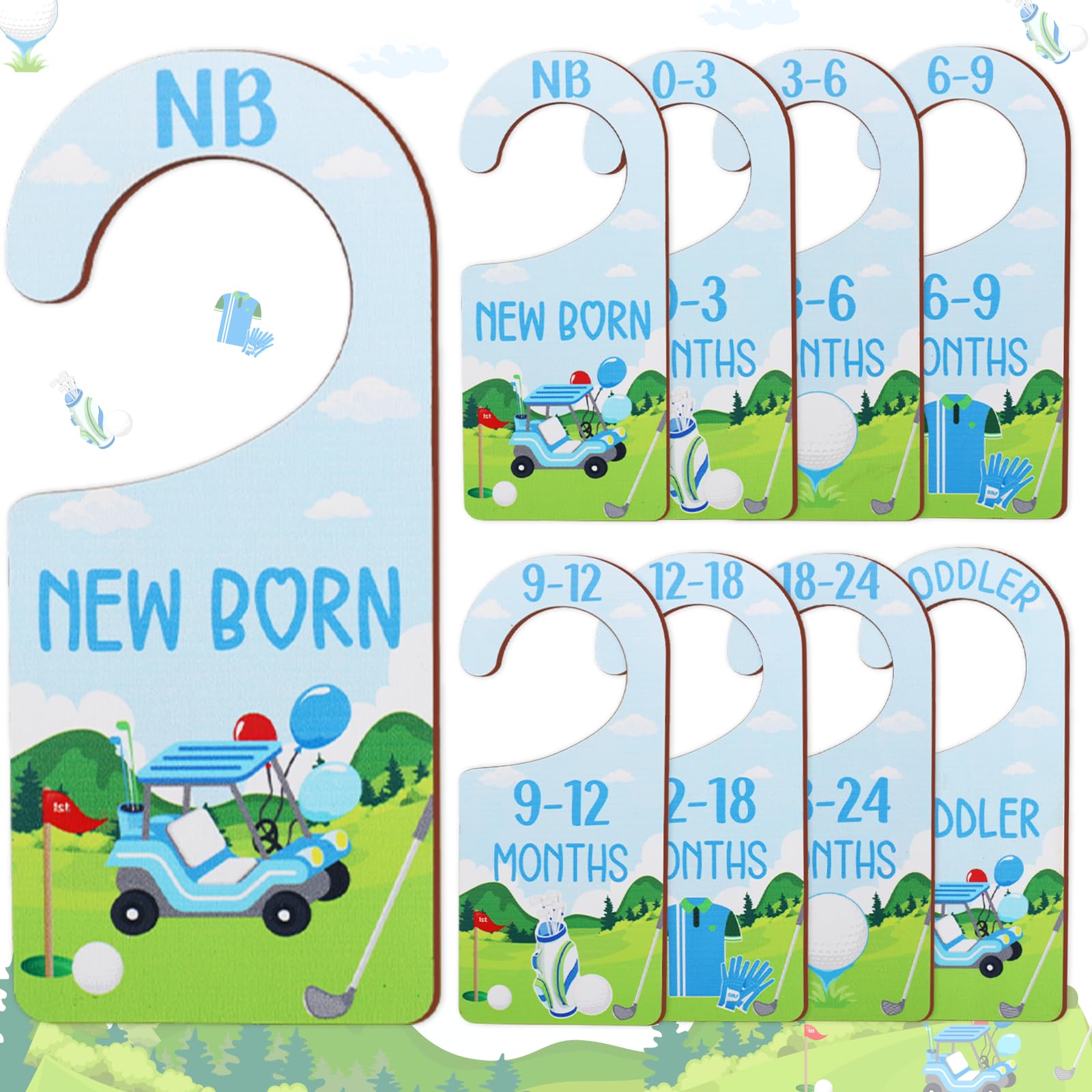 CORNER LACE Baby Closet Dividers 8PCS, Golf Themed Wooden Double-Sided Clothes Size Hanger Organizer from Newborn to Toddler for