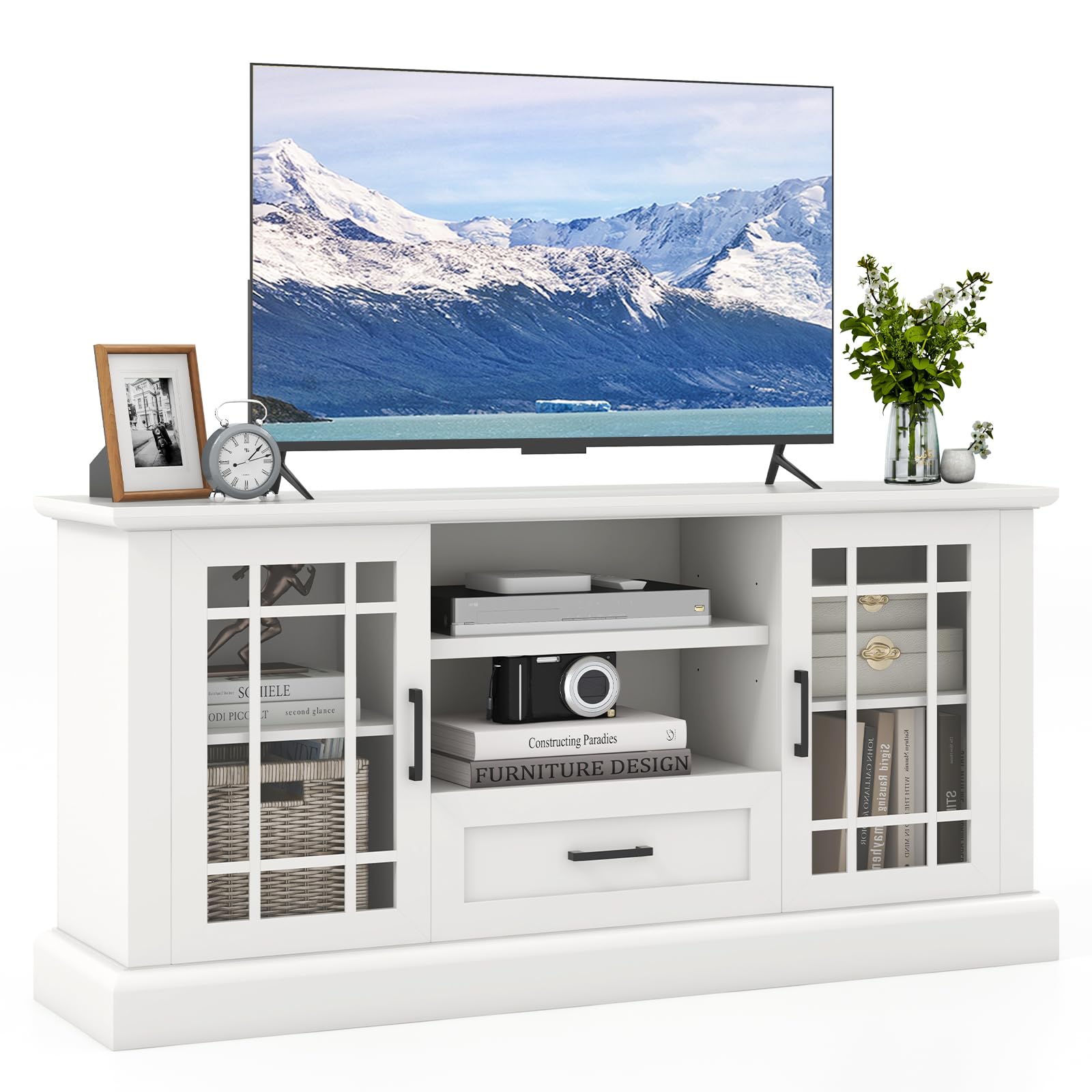 KOTEK Farmhouse TV Stand for TVs up to 70 Inch, Tall TV Console w/2 Glass Doors, Adjustable Shelves, Drawer, Entertainment Cente