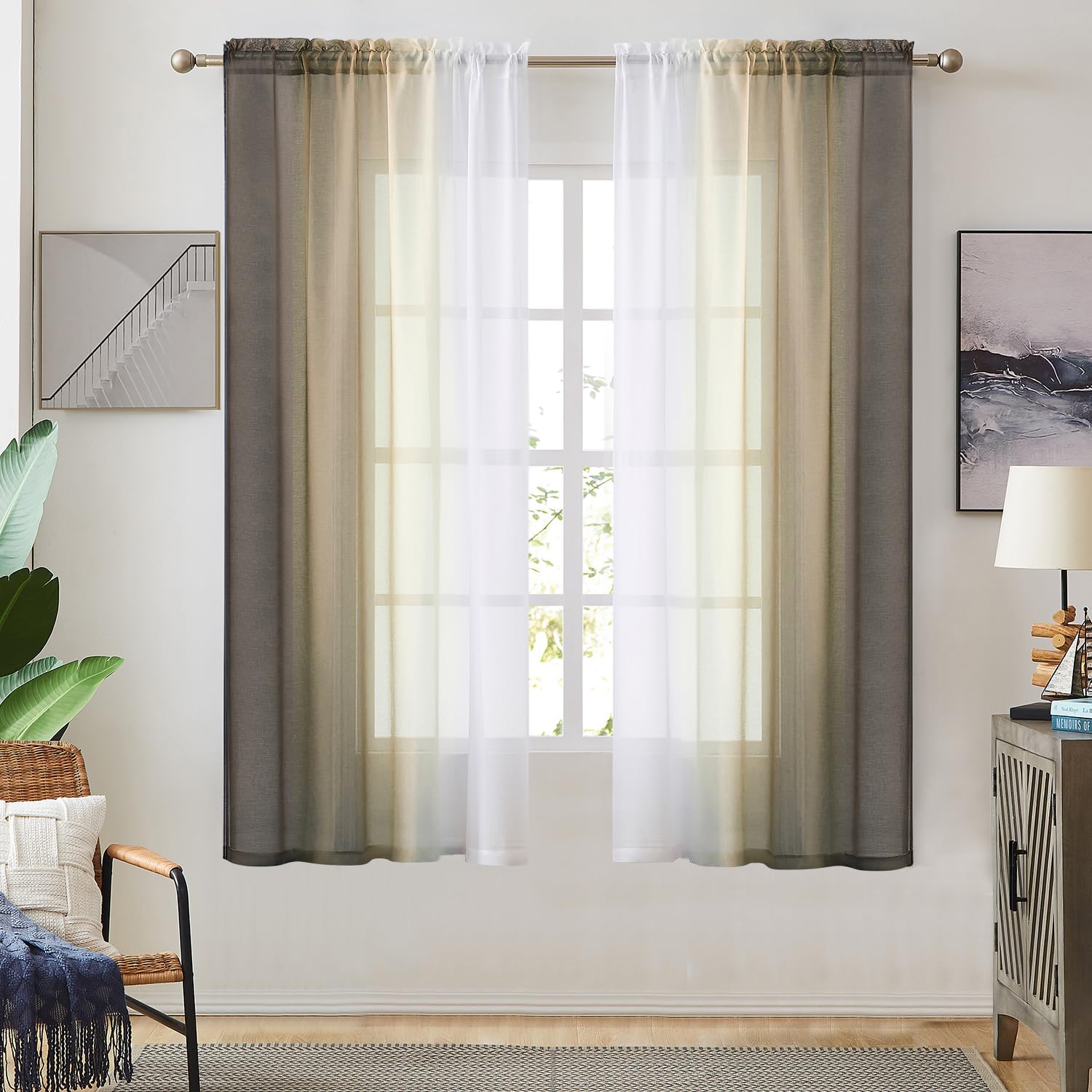 Ombre Faux Linen Sheer Curtains for Bedroom Living Room Rod Pocket, Privacy and Light Filtering, 2 Tone Reversible Gradient Voil
