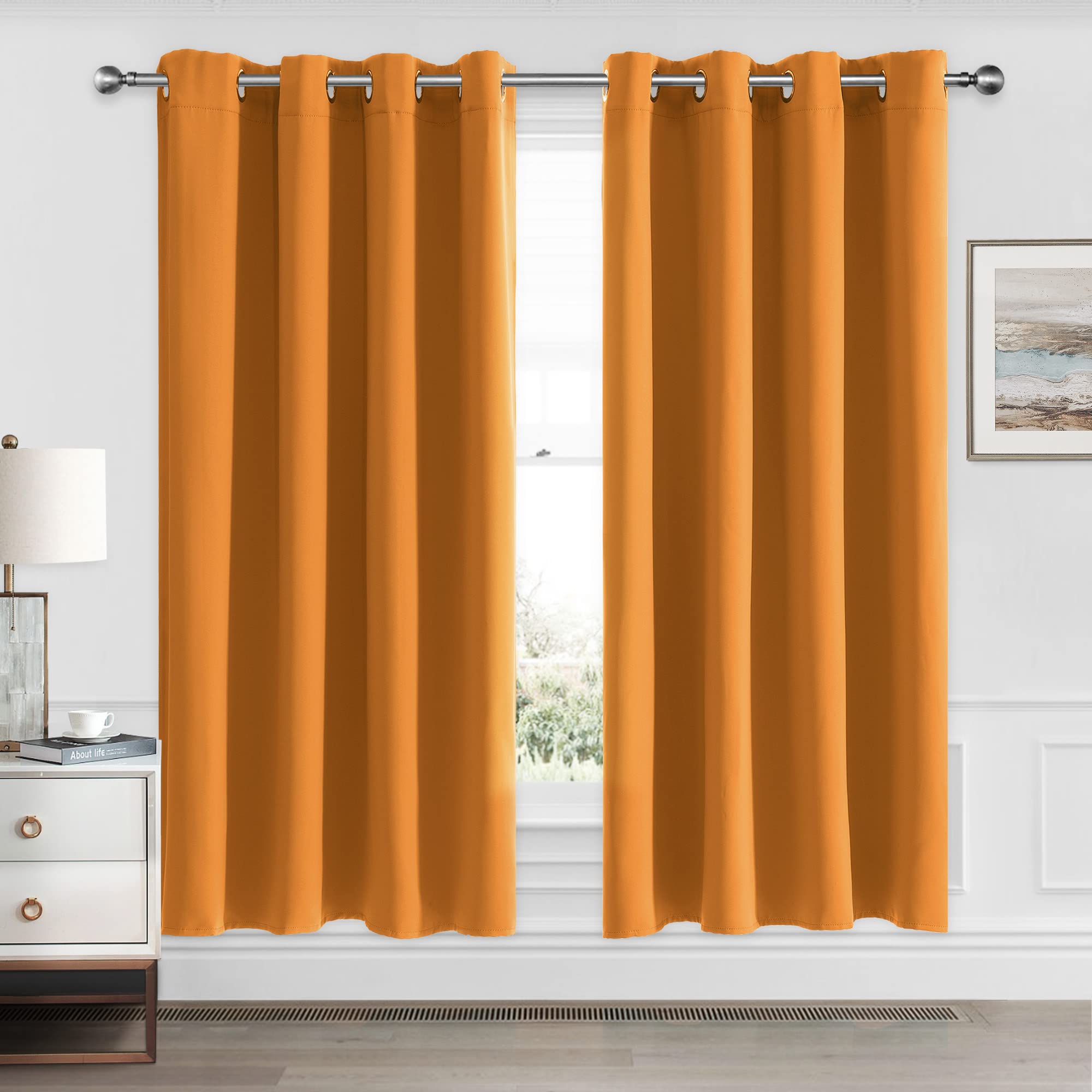 CUCRAF Orange Blackout Curtains 63 inch Length 2 Panels Set, Room Darkening Curtains & Drapes for Living Room Bedroom, Thermal I