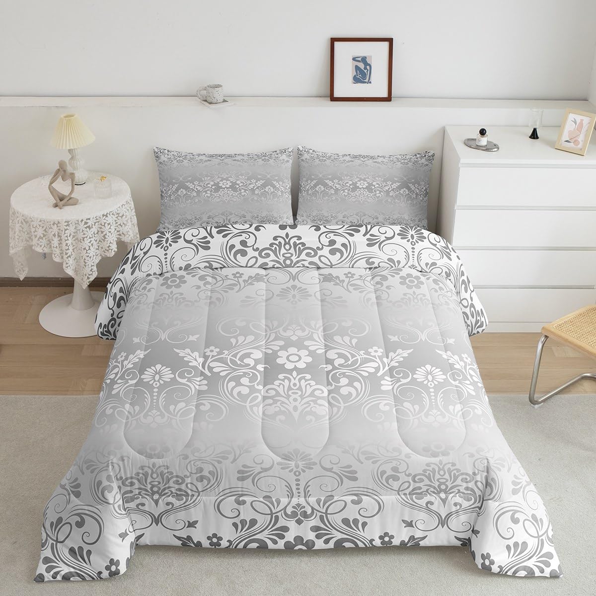 Feelyou Adults Silver Vintage Damask Floral Comforter Set Oriental Antique Comforter Twin Size Gothic Bohemia Boho Flower Beddin