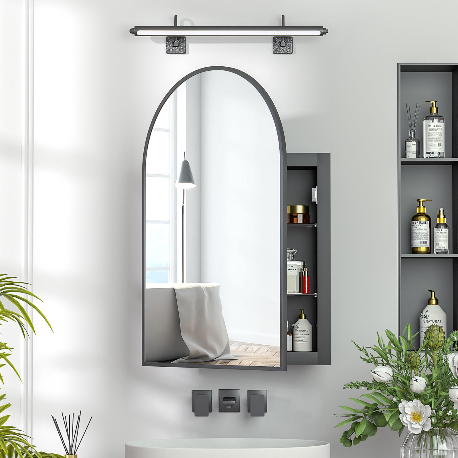 Mepplzian Recessed Medicine Cabinet with Mirror,Arched Medicine Cabinet Mirrors for Bathroom,Brushed Black Medicine Cabinets in 