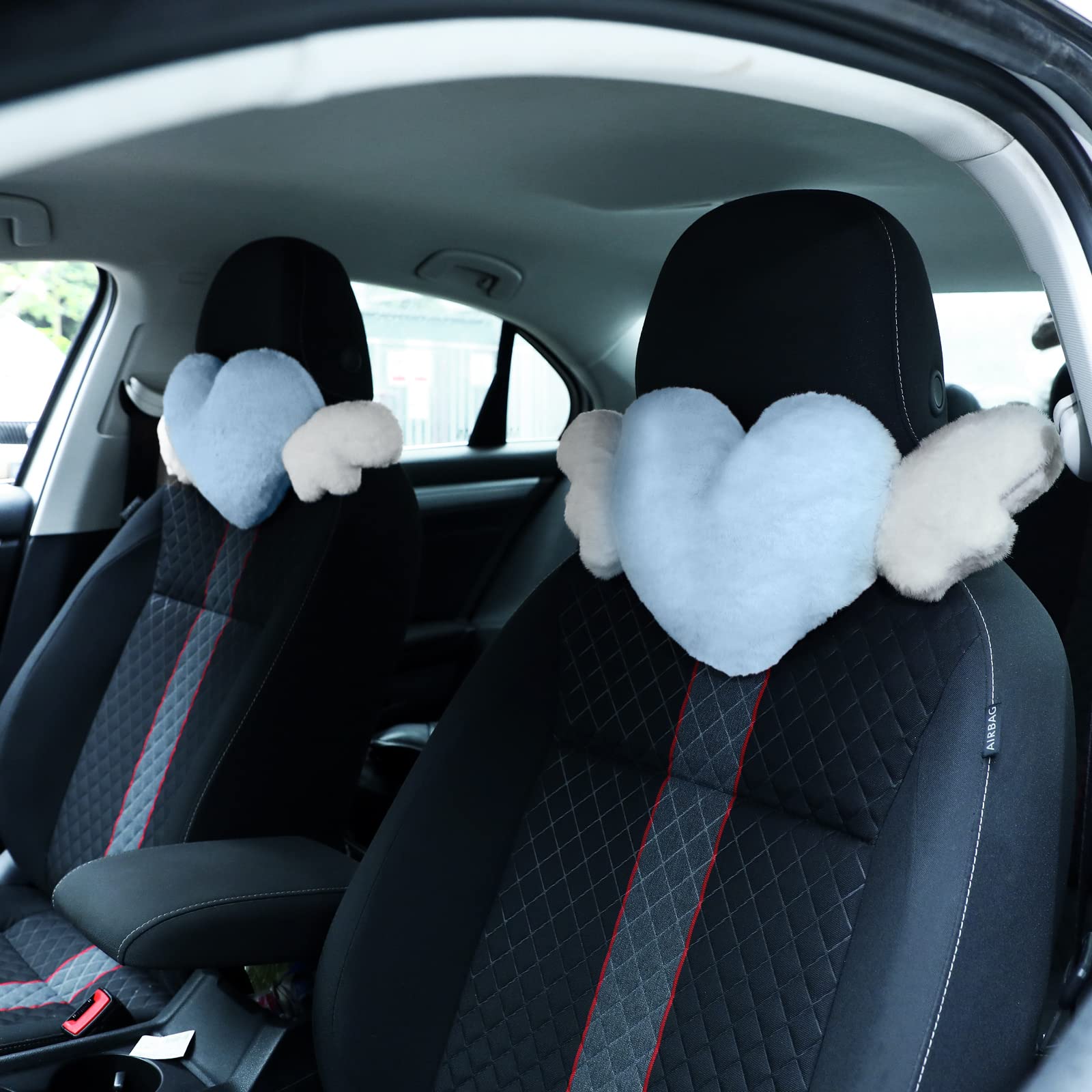 2 Pcs Plush Heart Shaped Pillow with Angel Wings Car Headrest Pillow Soft Comfortable Car Seat Pillow for Driving Travelling Roo