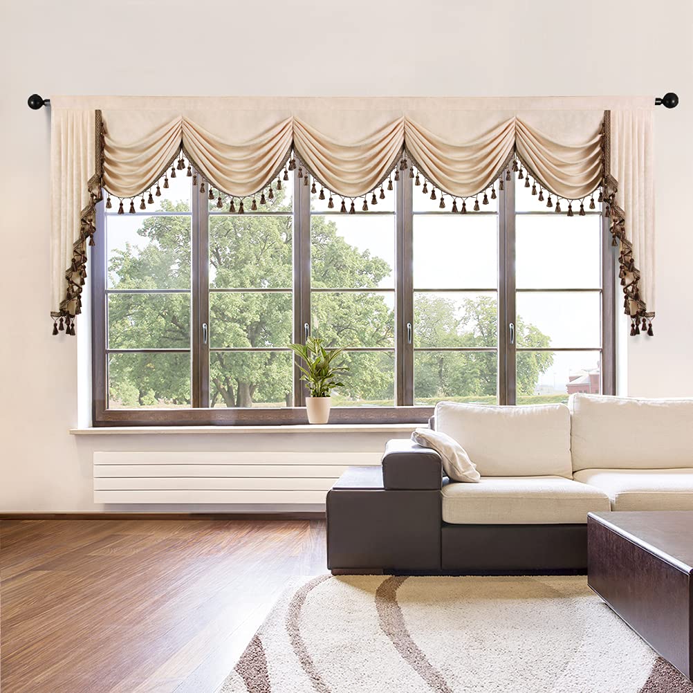 ELKCA Thick Chenille Curtains Valance for Living Room Beige Waterfall Valance for Bedroom, Rod Pocket (Beige, W138 Inch, 1 Panel