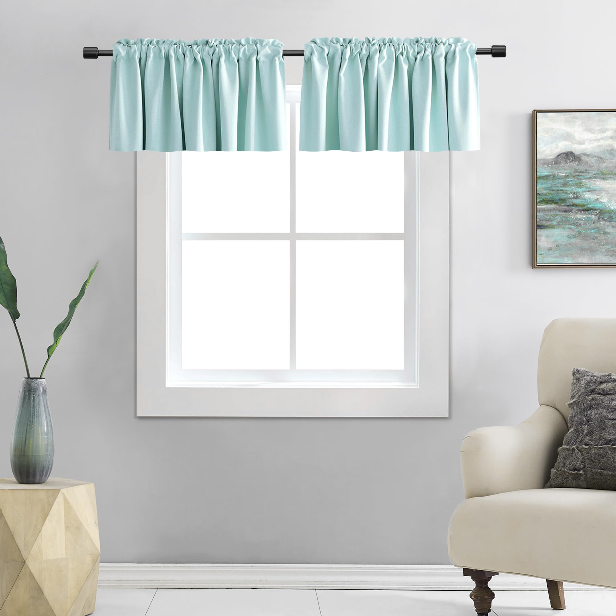DONREN 2 Panels Room Darkening Aqua Valances for Windows - Rod Pocket Kitchen Window Treatment Valances (42 Wide by 15 Inches Lo