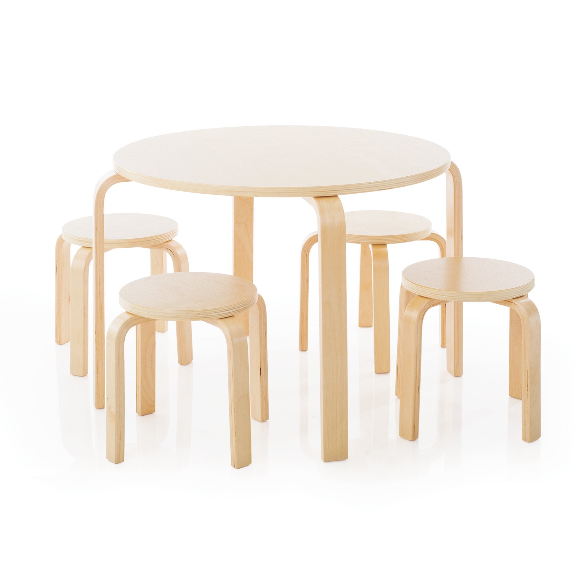 Guidecraft Nordic Table and Chairs Set for Kids: Natural - 4 Stacking Bentwood Stools with Curved Wood Activity Table - Children
