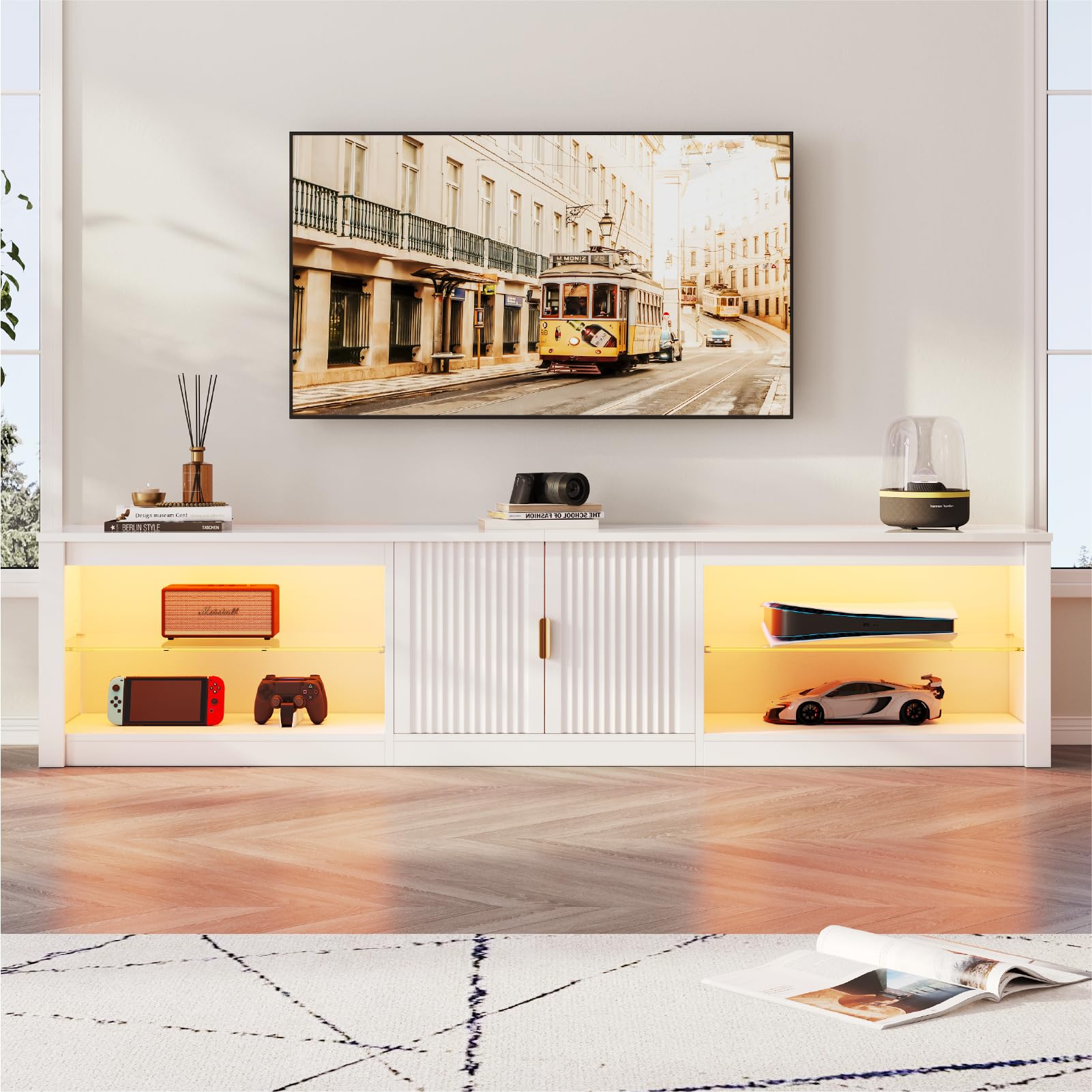 Bestier 80 Inch TV Stand for 75/85/90 inch TVs, LED Gaming Entertainment Center with Storage Cabinet & Adjustable Shelves, Moder
