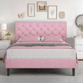 HOMBCK Full Bed Frame with Headboard, Linen Fabric Upholstered Bed Frame Full, Pink Bed Frame with Wood Slats, Button Tufted, No
