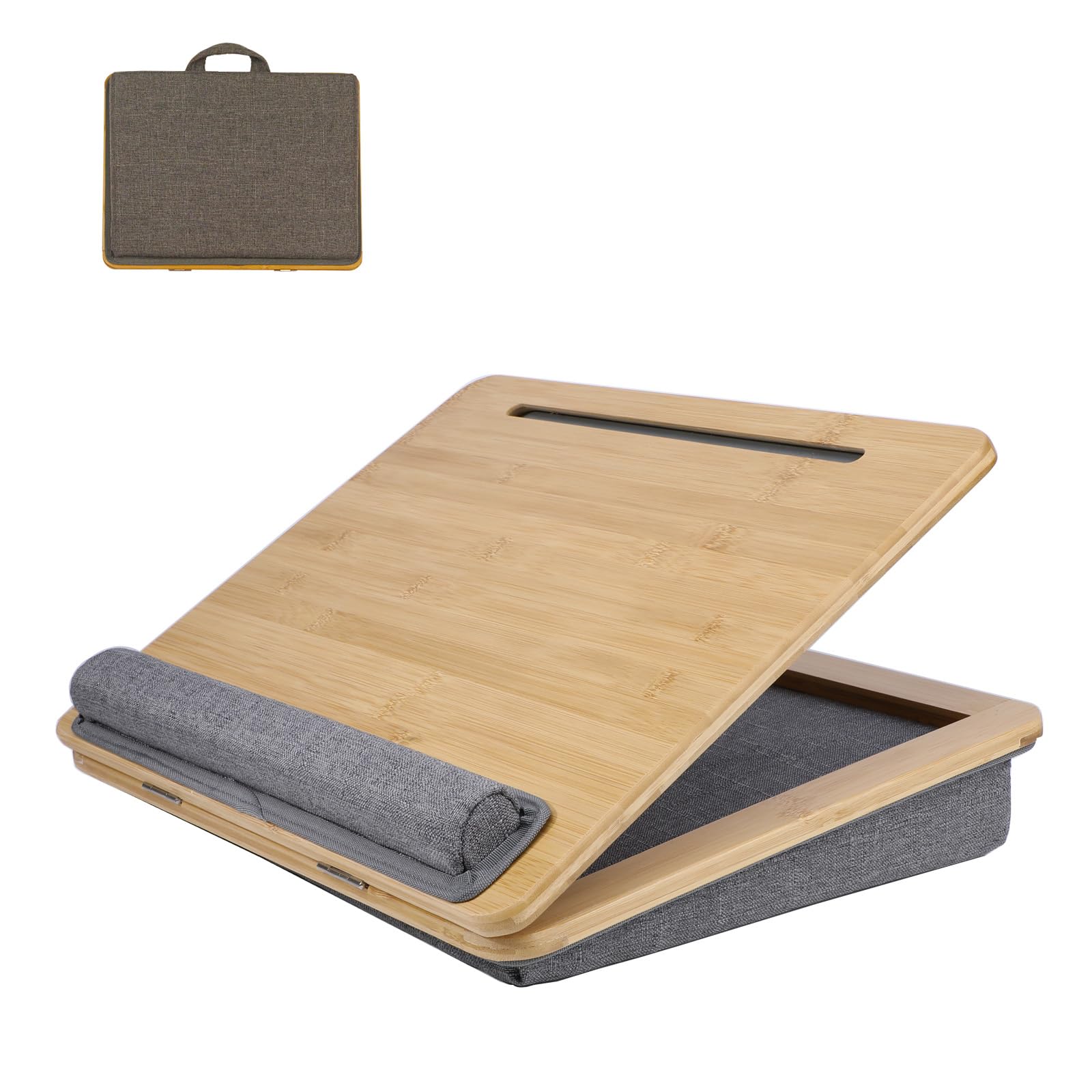 SUMISKY Adjustable Lap Desk-Portable Laptop Stand with Cushion, Bamboo Platform with Phone Holder, Wrist Pad Fits up to 15.6 Inc