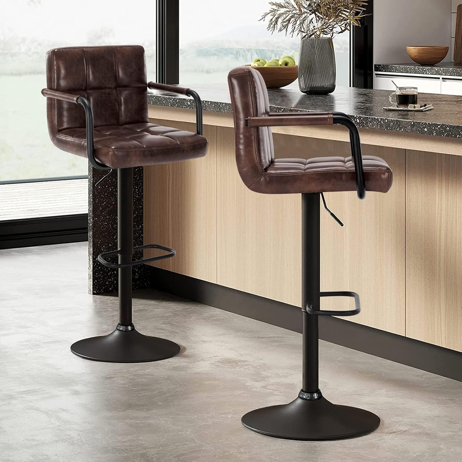 Furniliving Bar Stools Set of 2 with Backrest, Modern Square PU Leather Chairs with Armrest Adjustable Kitchen Counter Barstools