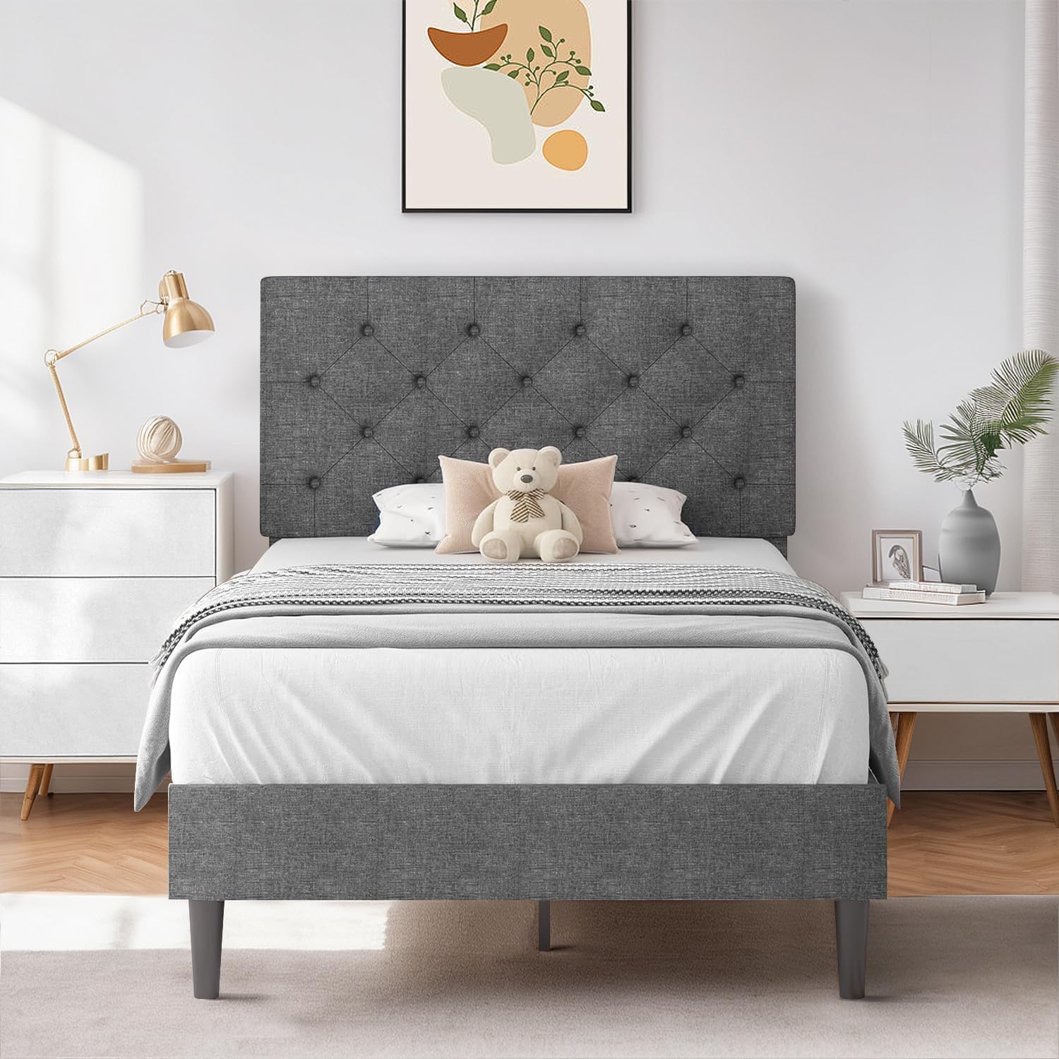 HOMBCK Twin Size Bed Frame, Linen Fabric Upholstered Bed Frame with Headboard, Grey Twin Bed Frame with Wood Slats, Button Tufte