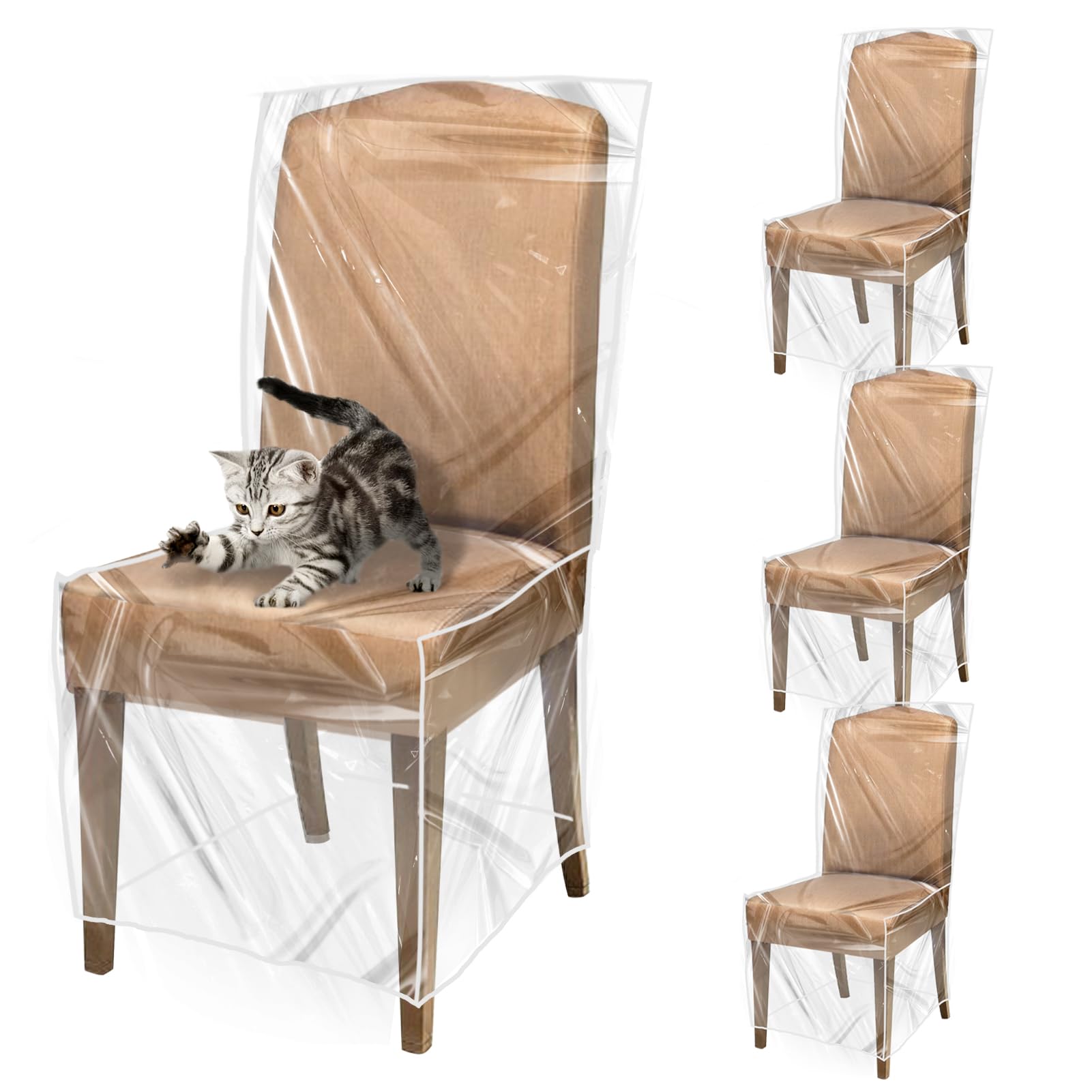 PAMASE 4 Pack Plastic Dining Chair Protectors with Backrests - Waterproof Thickened PVC Seat Covers Removable Washable Slipcover