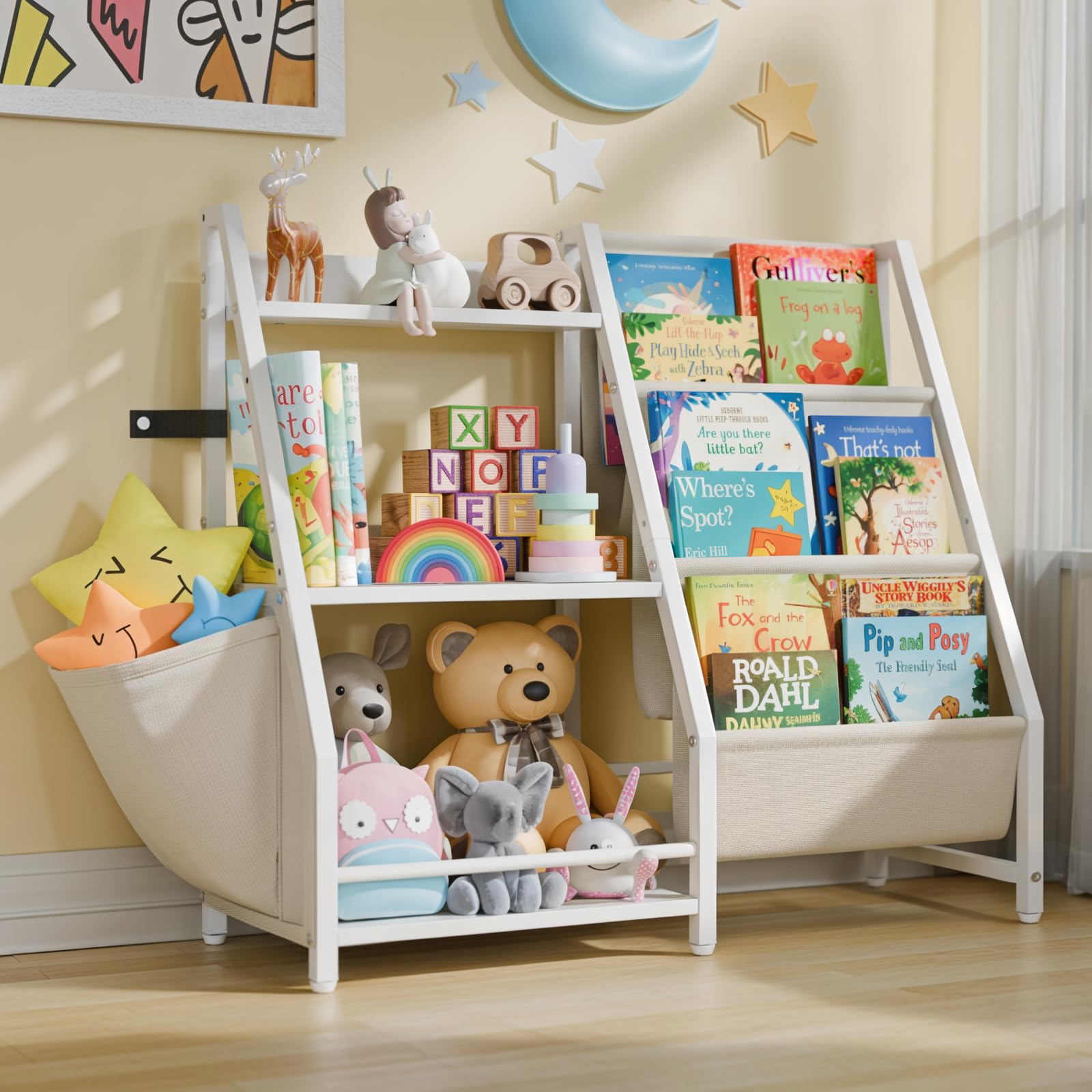 LATIBELL 3 Tier Kids Bookshelf and Toy Storage, Kids Book Sling Shelf, Montessori Baby Toddler Bookshelf for Kids, Kids Bookcase