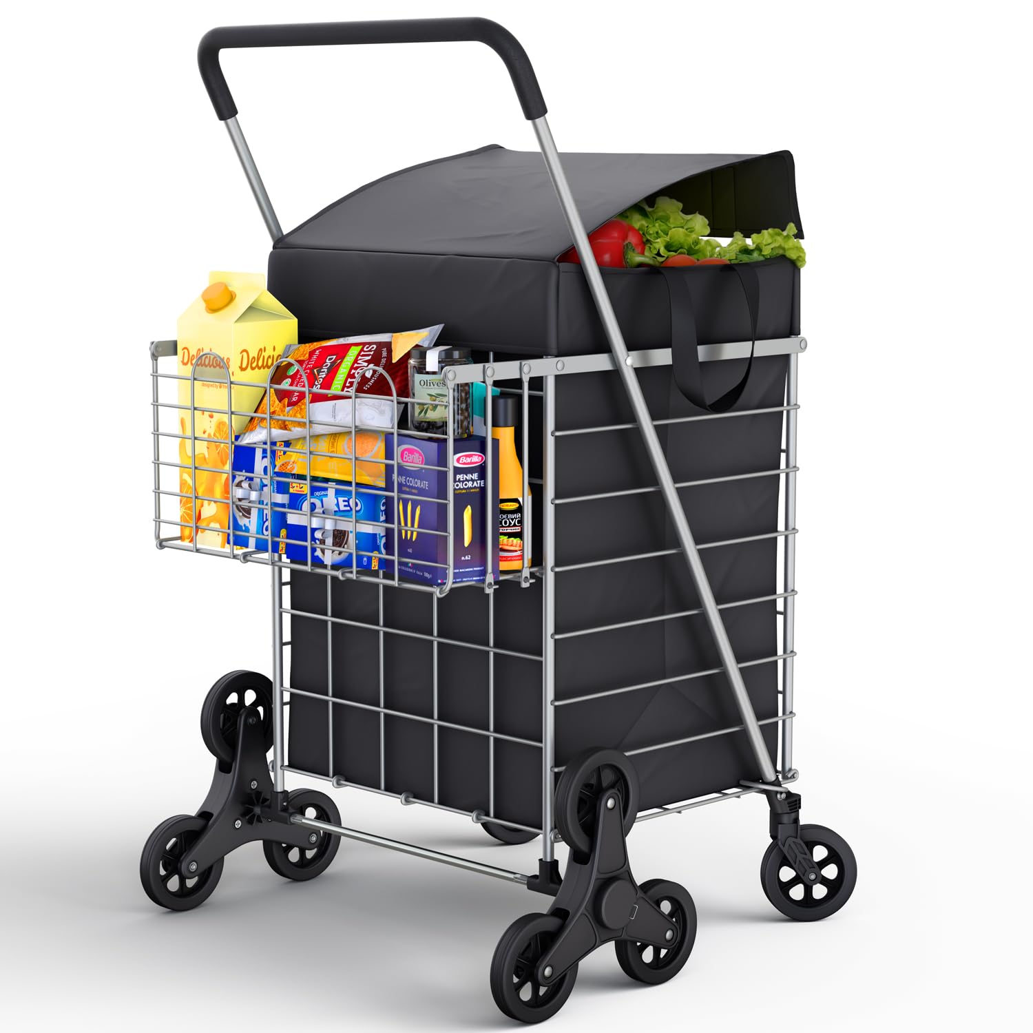 Our Modern Space Stairs Climbing Shopping Cart w/Waterproof Basket Liner & 360 Swivel Wheels | Foldable Collapsible & Lightweigh
