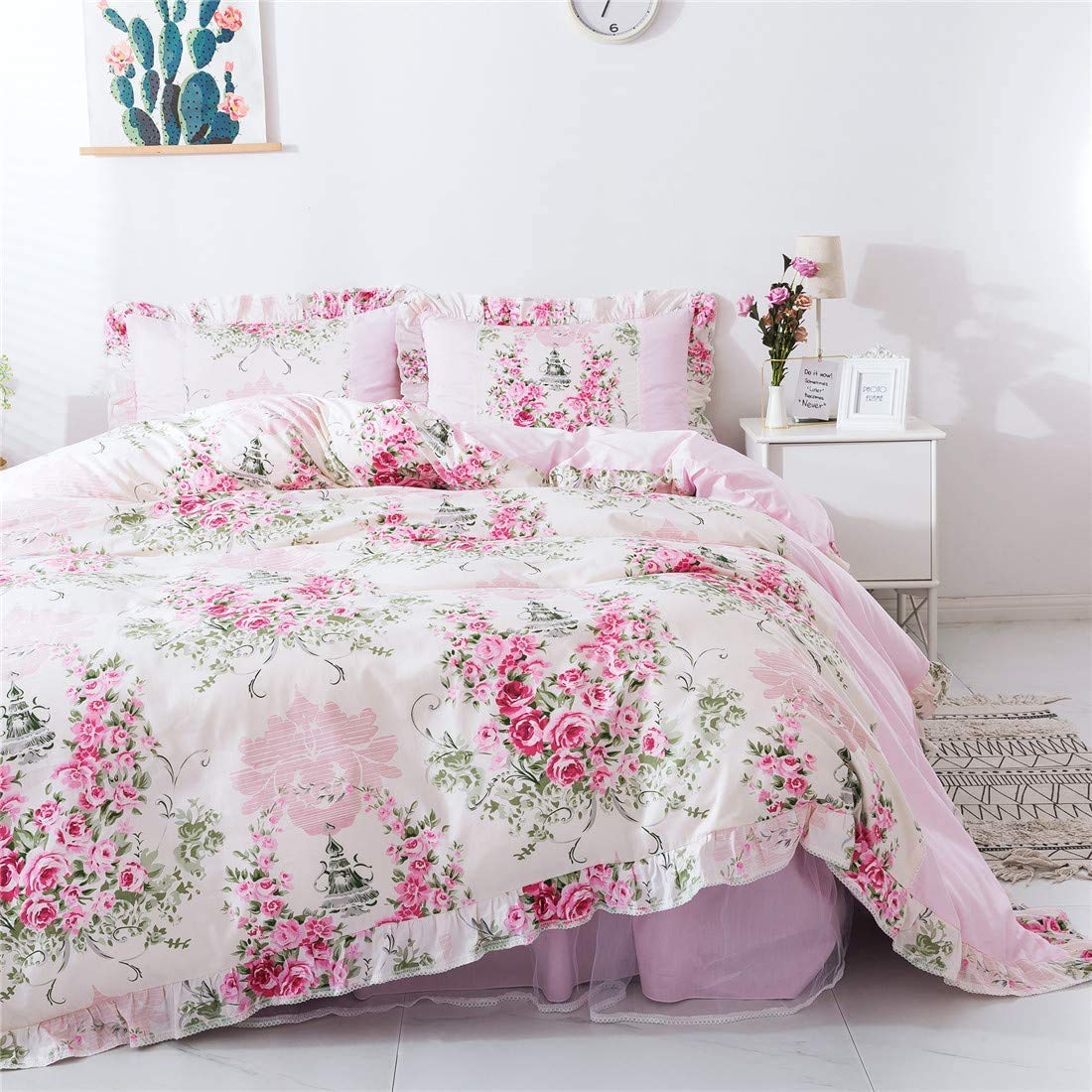 FADFAY Home Textile Pink Rose Floral Print Duvet Cover Bedding Set for Girls 4 Pieces Full Size