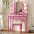 Tiptiper Vanity Desk with Tri-Fold Mirror and Lights, Makeup Vanity with Wood Upholstered Stool, Vanity Table with 5 Drawers & 8