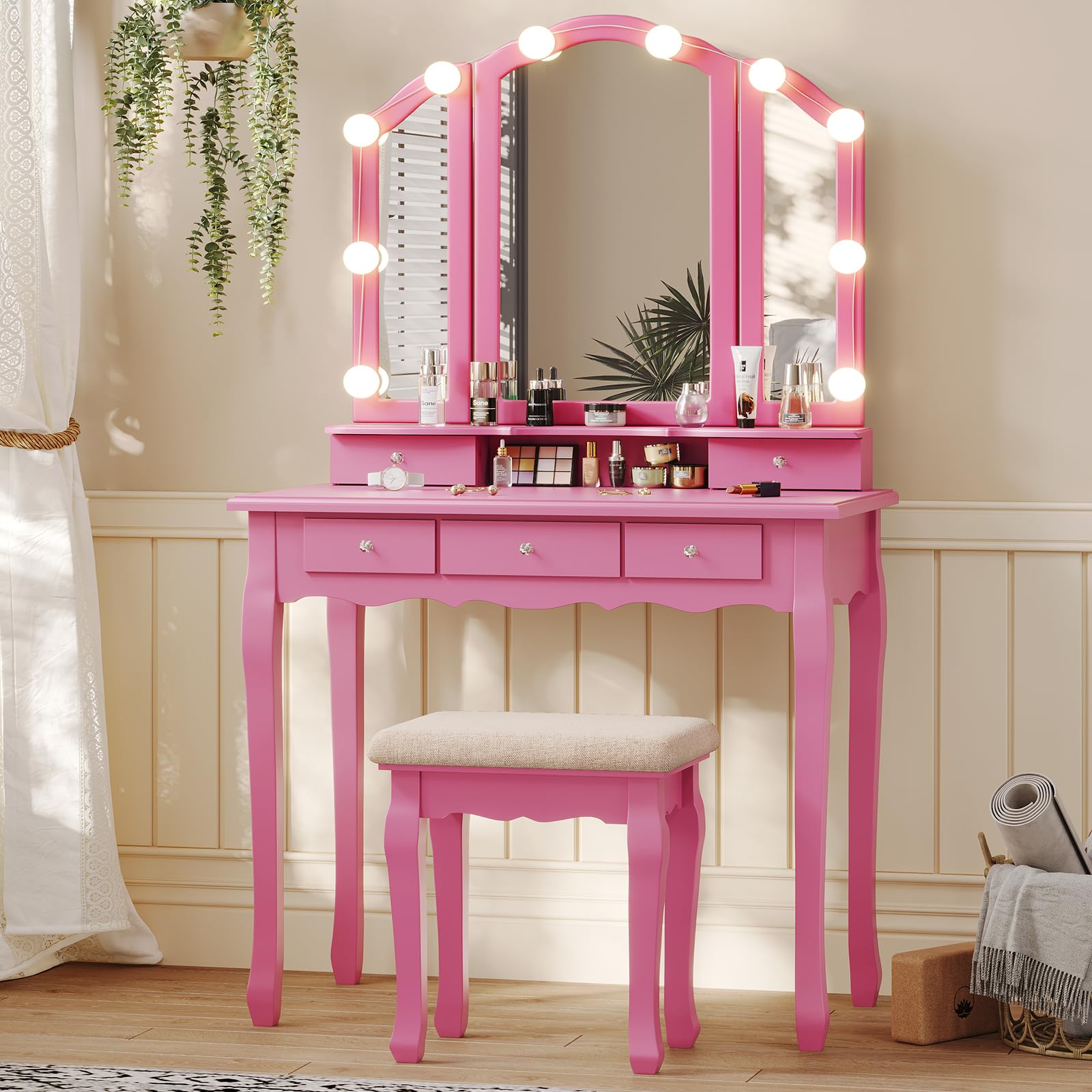 Tiptiper Vanity Desk with Tri-Fold Mirror and Lights, Makeup Vanity with Wood Upholstered Stool, Vanity Table with 5 Drawers & 8
