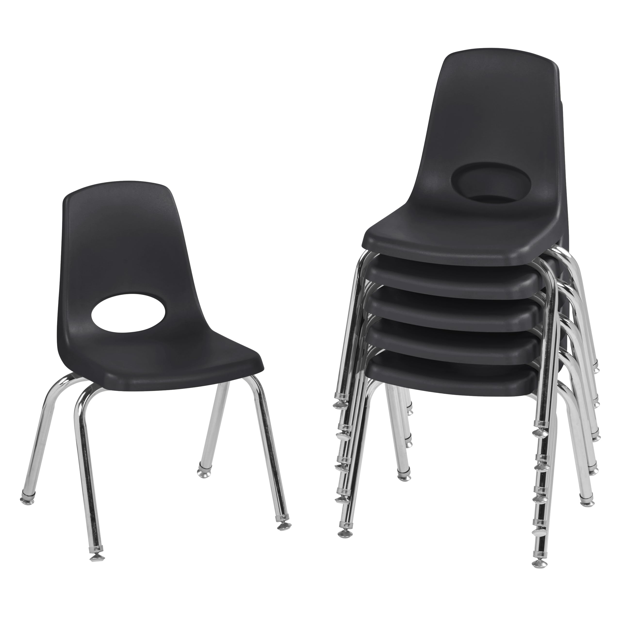 Factory Direct Partners 10364-BK 14 School Stack Chair, Stacking Student Seat with Chromed Steel Legs and Nylon Swivel Glides fo