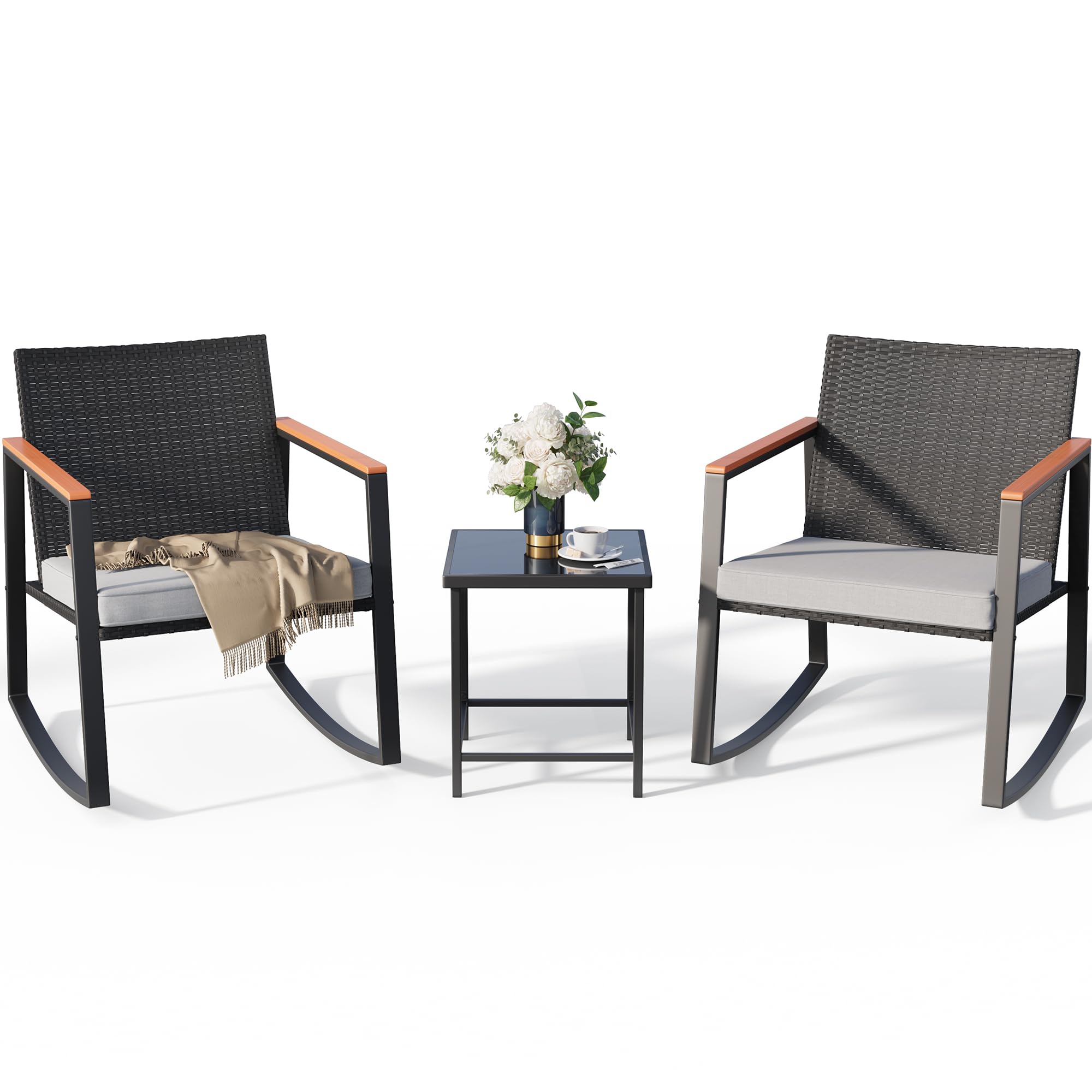 Gizoon 3 Pieces Rocking Patio Bistro Set with Anti-Scald Armrest, Outdoor Patio Wicker Furniture Set with Glass Table and Cushio