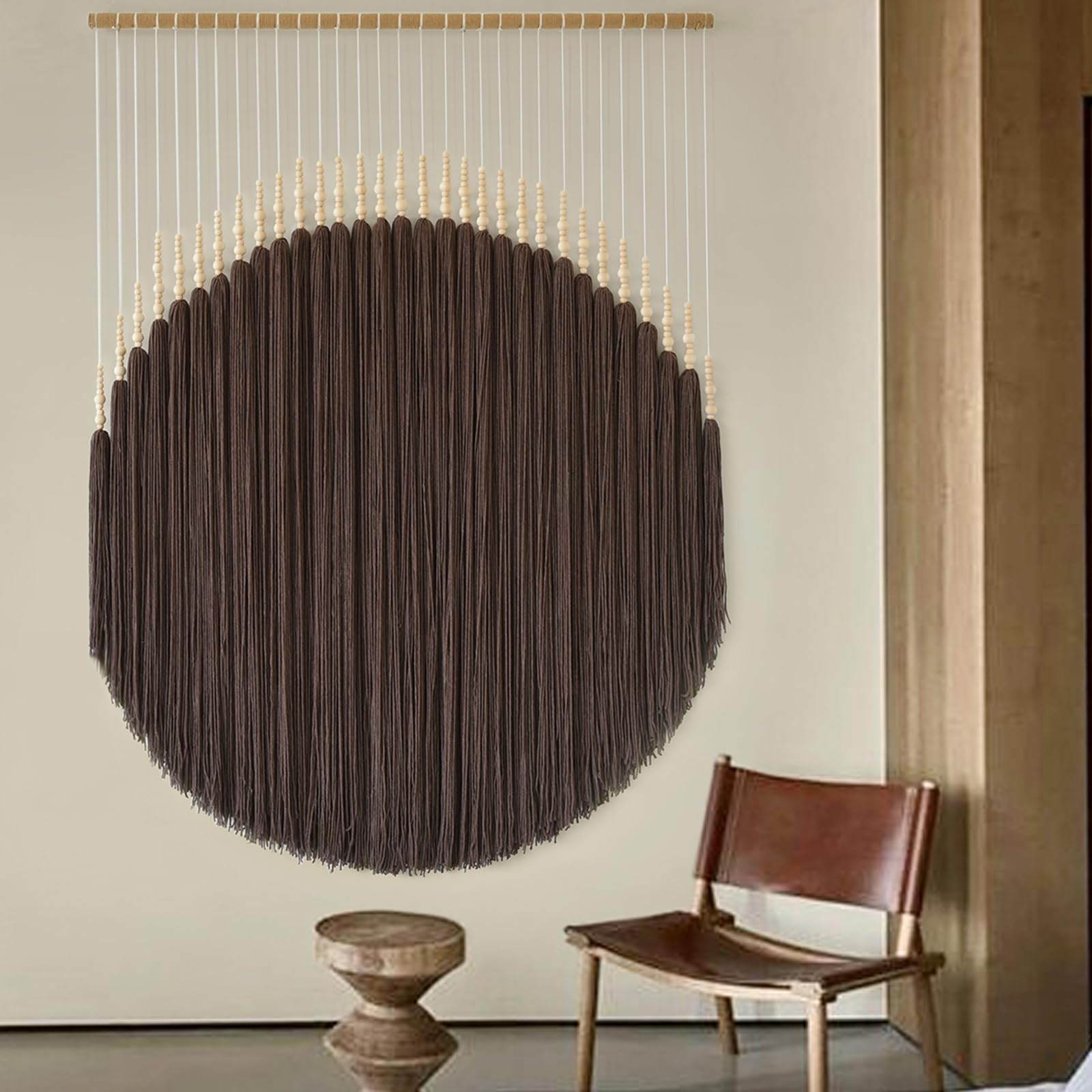 IOWER Macrame Wall Hanging Brown Yarn Beaded Backdrop Boho Wall Decor Round Tassel Home Wall Aesthetic Living Rooms Bedrooms Off