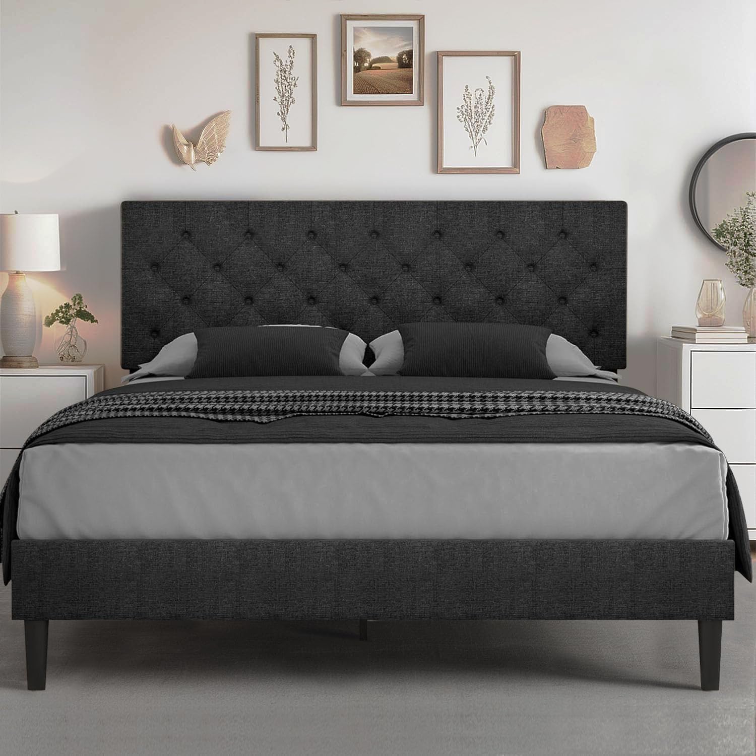 HOMBCK Queen Bed Frame with Headboard, Linen Fabric Upholstered Bed Frame Queen, Wood Slats Support, Button Tufted, No Box Sprin