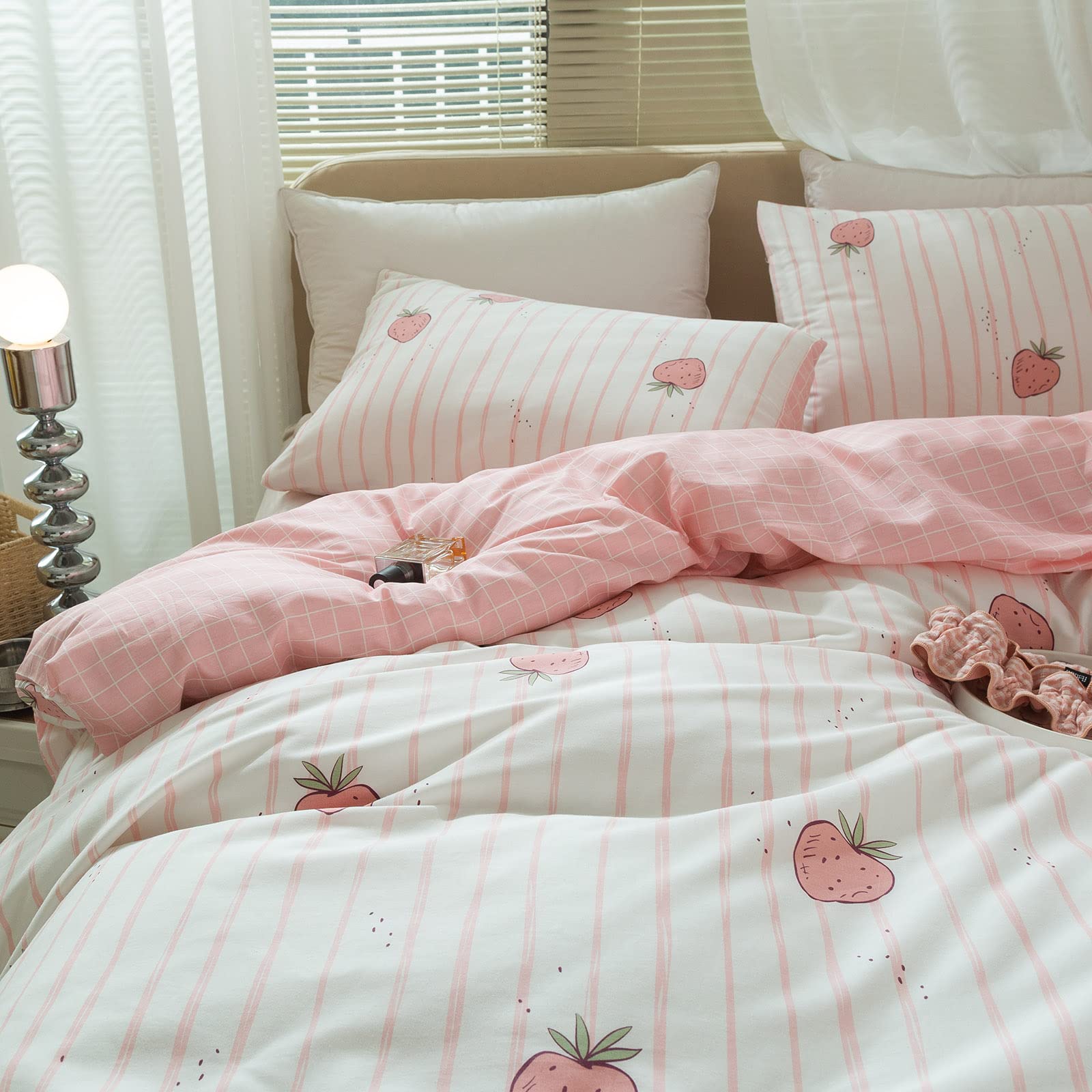 Pink Strawberry Duvet Cover Set Twin Kids Girls Kawaii Bedding Set 100% Cotton Fruit Strawberry Comforter Cover for Teens Childr