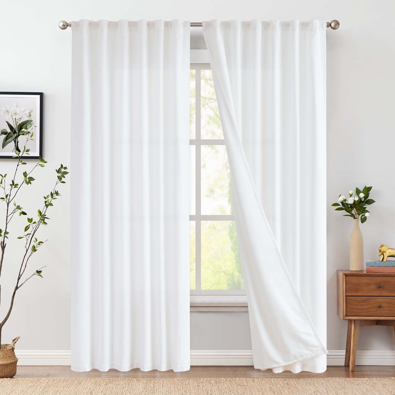 jinchan Linen White Curtains 108 Inches Extra Long for Living Room Farmhouse Rod Pocket Back Tab Light Filtering Window Drapes w