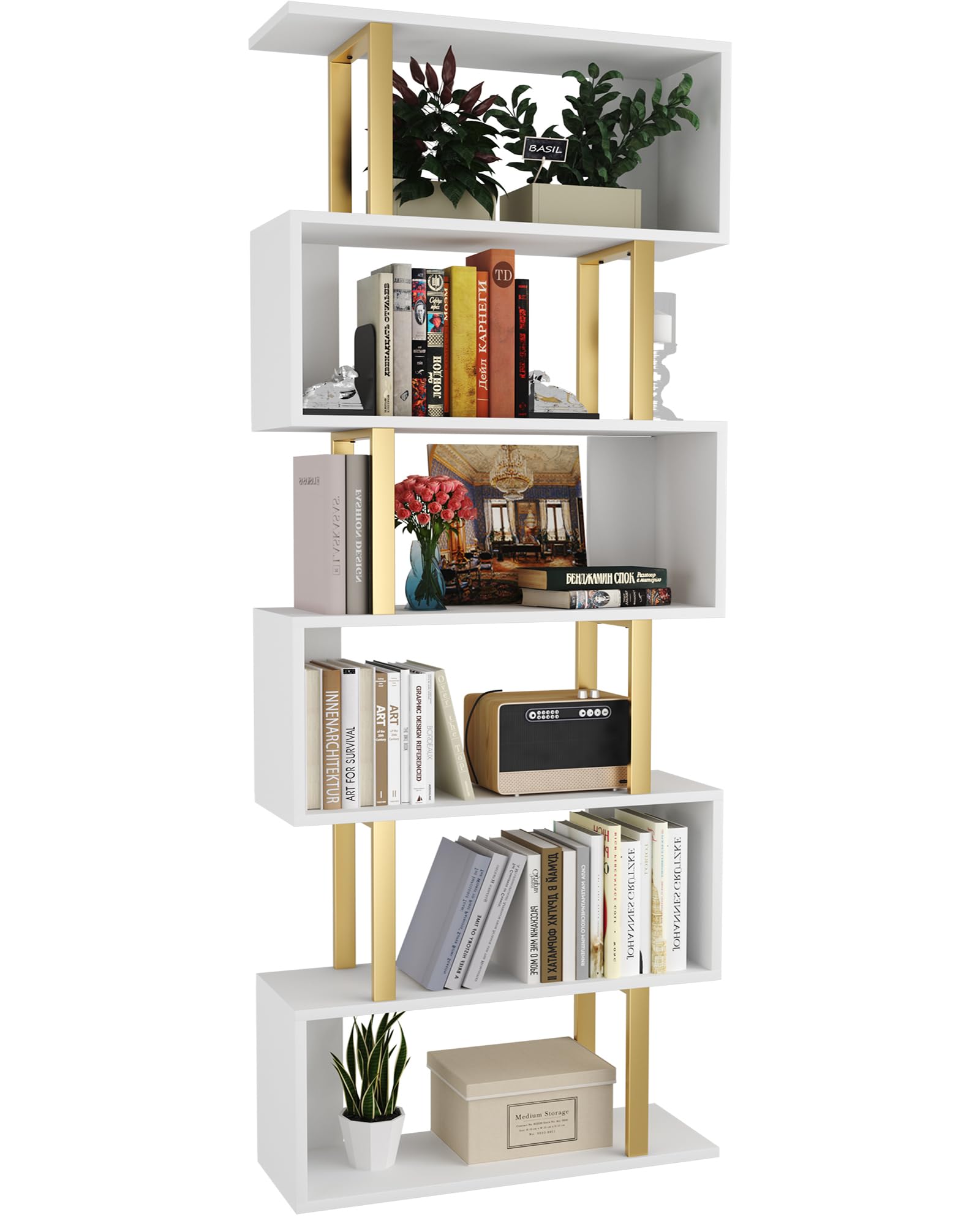 Yusong Geometric Bookcase, S Shaped Bookshelf 6-Tier Book Shelves for Bedroom, Modern Wood Decorative Display Shelf Tall Book Ca