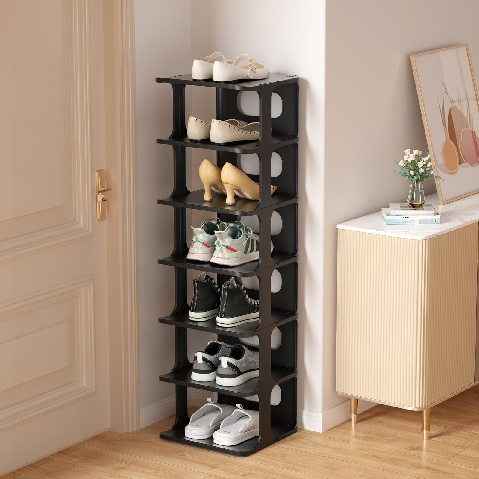 HAIXIN Vertical Narrow Tall Shoe Rack for Front Door Entrance, 7-Tier Sturdy Stackable Shoe Rack Organizer for Closet Entryway, 