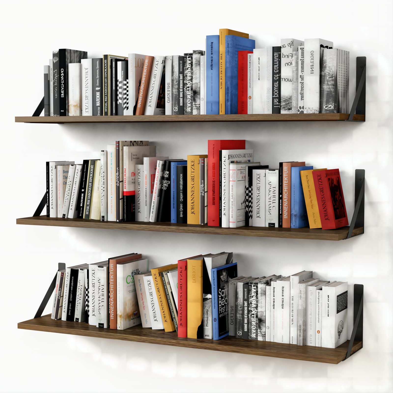 Forbena Floating Book Shelves for Wall Set of 3, 36 Inches Long Wall Bookshelf for Bedroom, Large Wood Heavy Duty Hanging Booksh