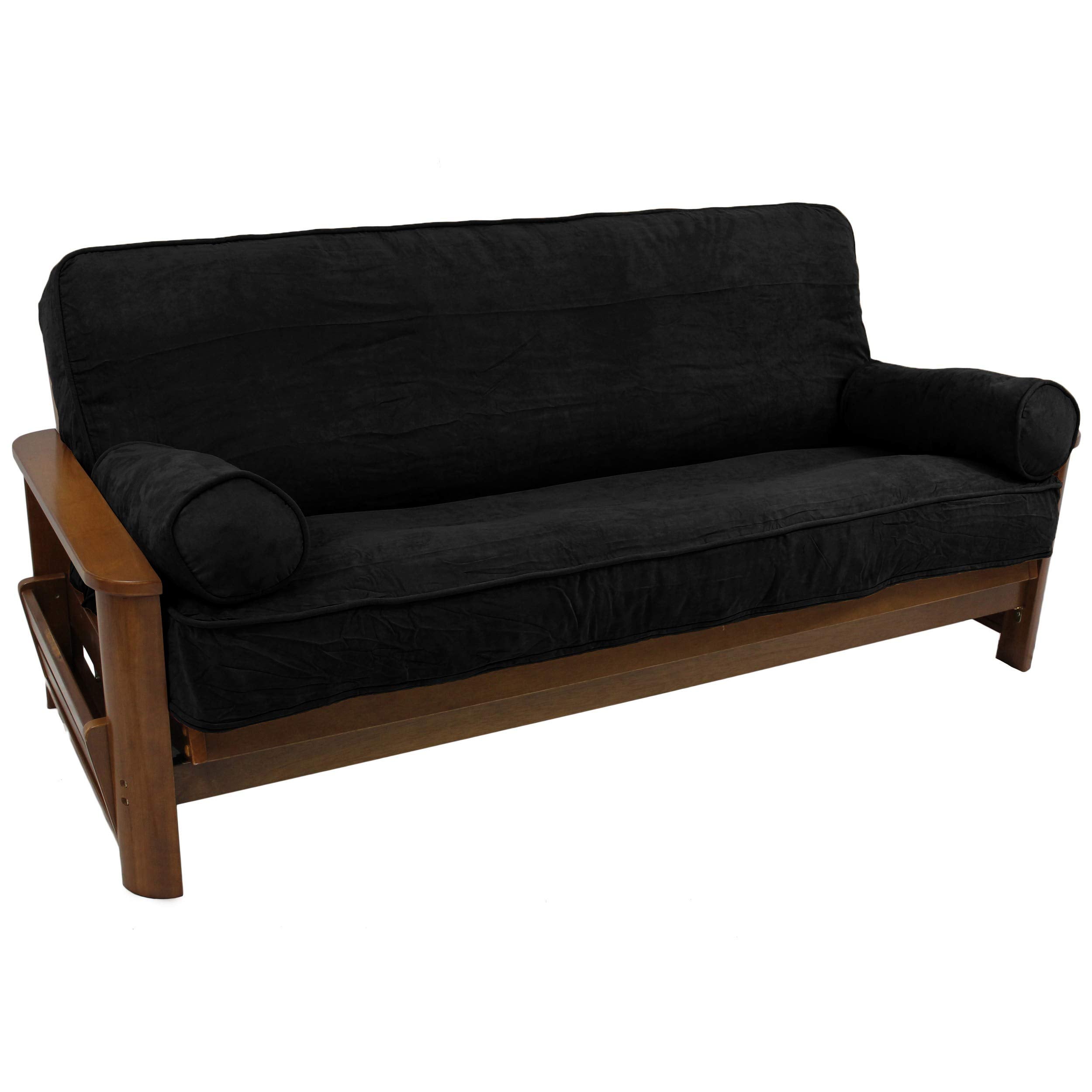 Blazing Needles Solid Microsuede Double Corded 8 to 9 Futon Cover Set with 2 Bolster Pillows (Set of 3), Full, Black