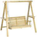 Outsunny 2 Seat Porch Swing with Stand, Wooden Patio Swing Chair with Side Tables and Metal Chains, Outdoor Swing Bench for Gard