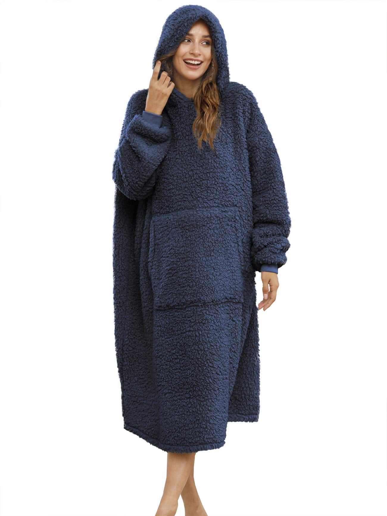 ililmmoe Sherpa Wearable Blanket Oversized Hoodie Sweatshirt TV Blanket with Long Sleeves and Pocket-Navy