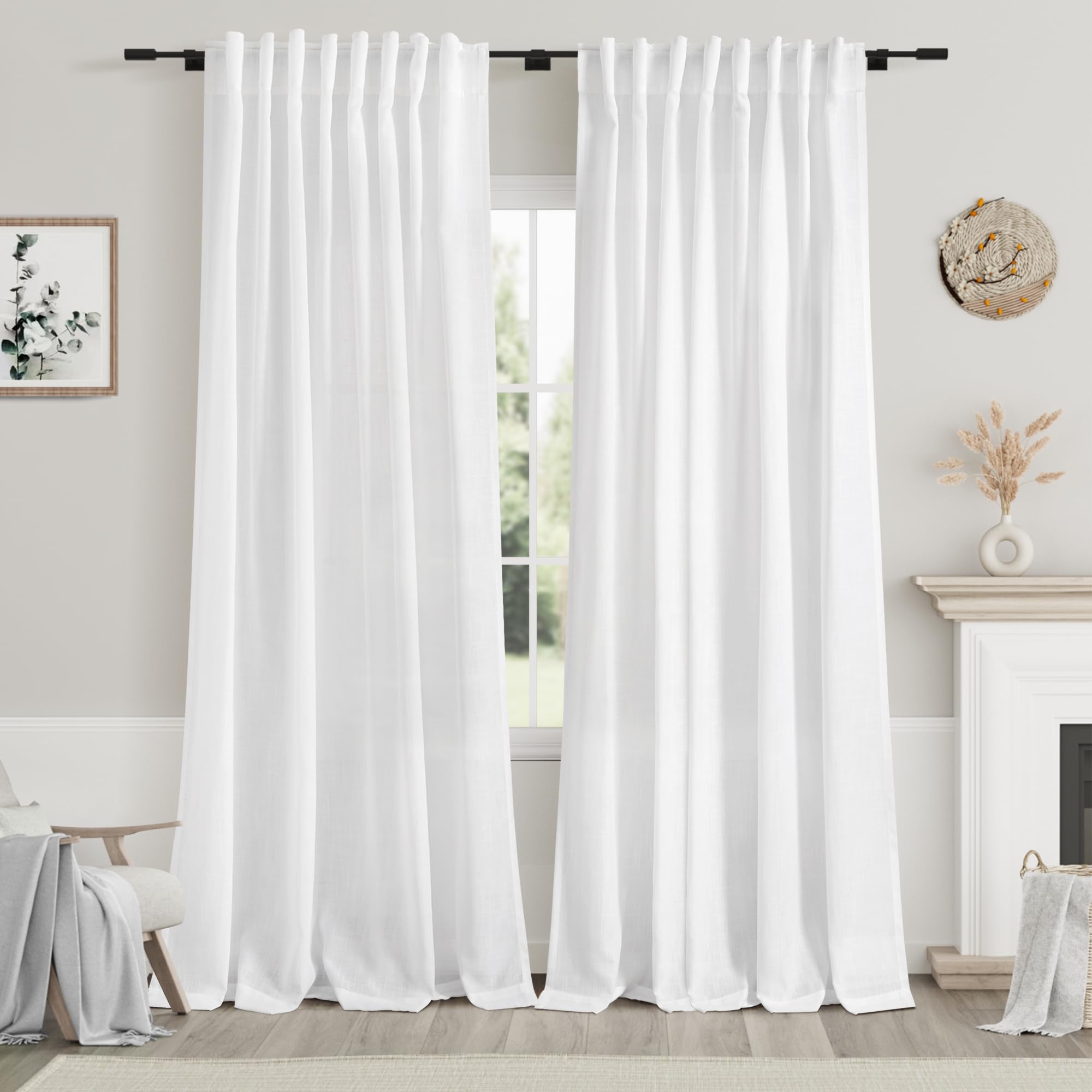 Nanspring White Semi Sheer Curtains 84 Inch Length 2 Panels Set Back Tab Rod Pocket Flax Linen Cotton Textured Curtains for Livi