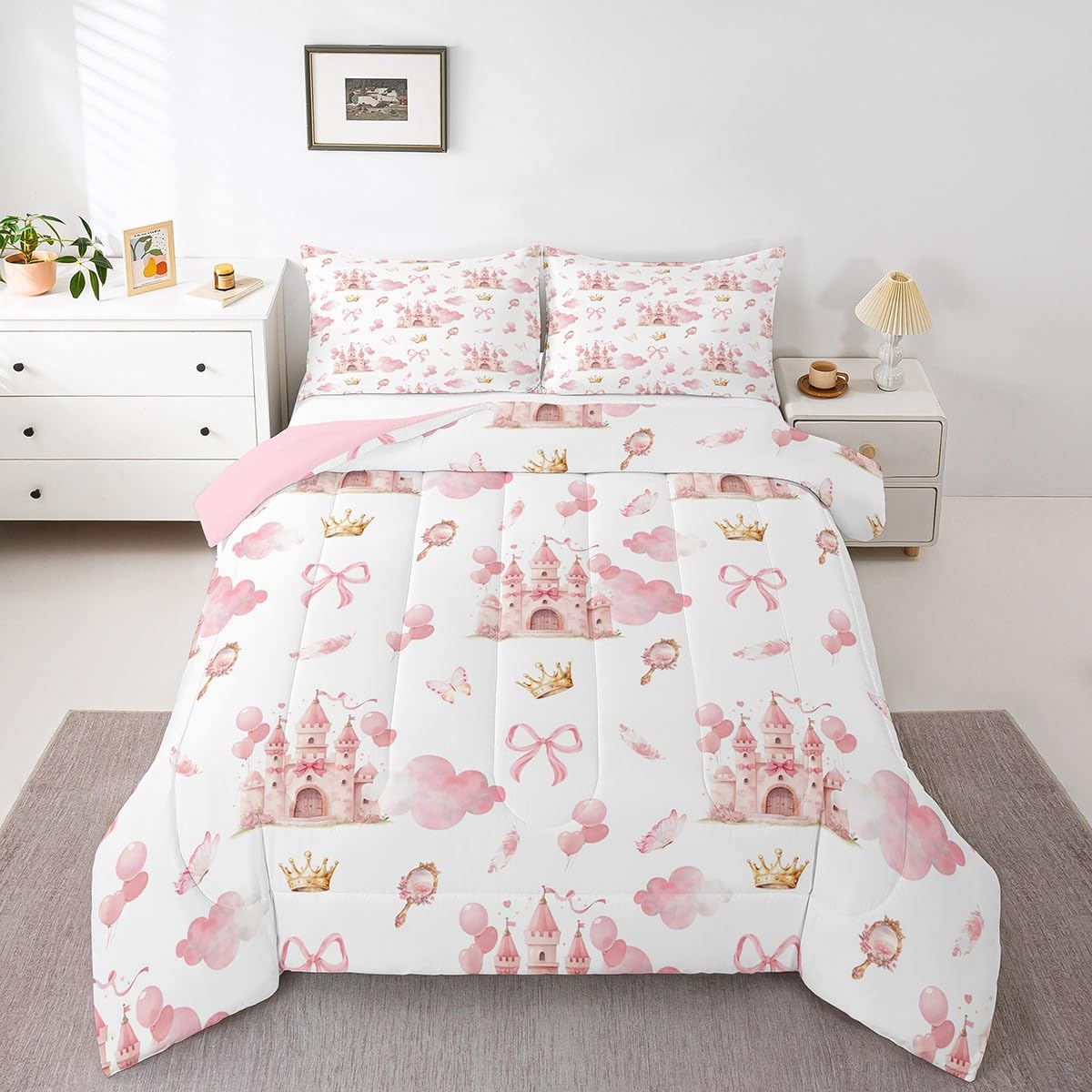 Feelyou Kids Pink Castle Duvet Insert Queen Size, Cute Bowknot Comforter Set Boys Girls Girls Dreamy House Bedding Set Fairytale