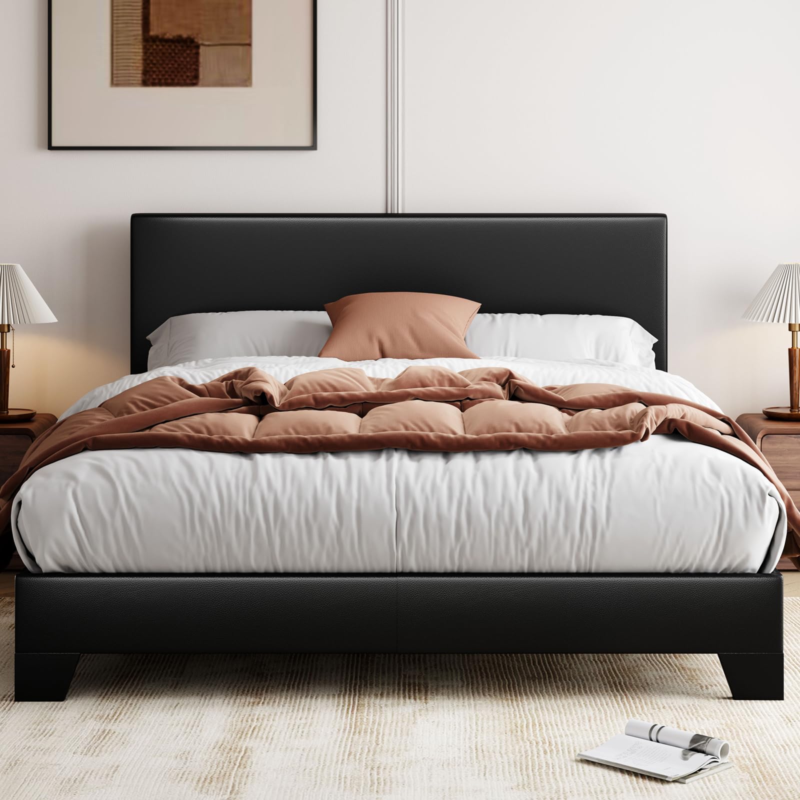 Allewie Queen Bed Frame with Adjustable Headboard, Faux Leather Platform Bed with Wood Slats, Heavy Duty Mattress Foundation, No