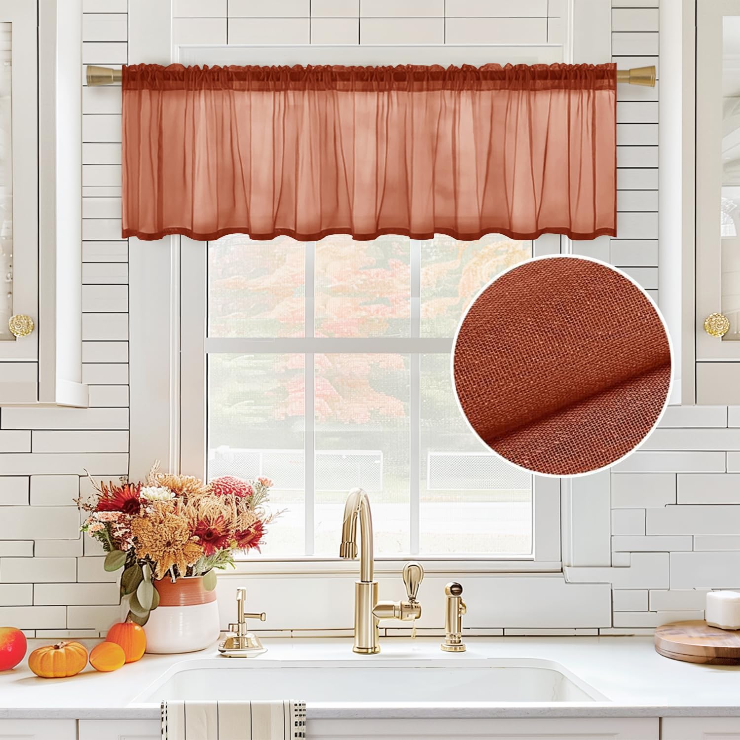 MIULEE Terracotta Sheer Valance Linen Textured Look Half Window Curtain, Farmhouse Small Drape for Kitchen Cafe Living Room Rod 