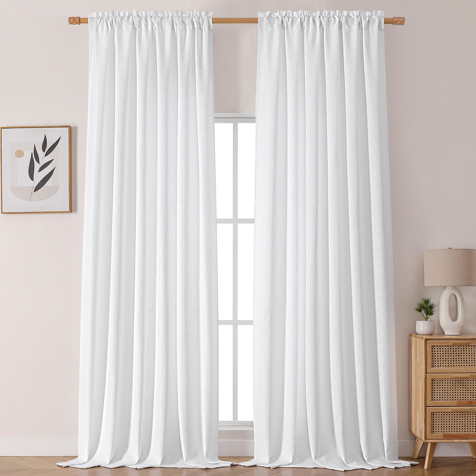 Chyhomenyc White Curtains 120 Inch Length 2 Panels Set, Faux Linen Textured Light Filtering Soft Airy Farmhouse Curtain Drapes C