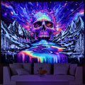 Lahasbja Blacklight Skull Tapestry UV Reactive Trippy Skeleton Tapestry Starry Galaxy Planet Tapestry Magic Neon River Through M