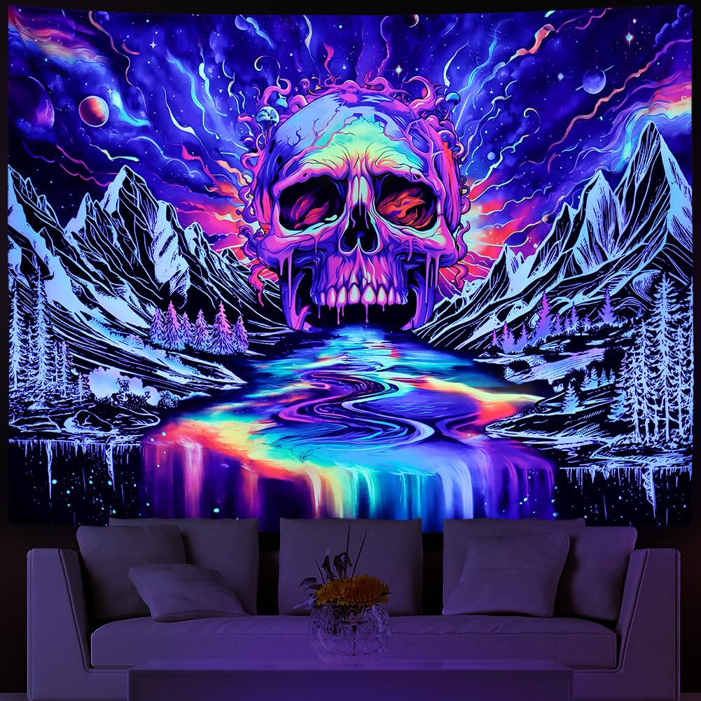 Lahasbja Blacklight Skull Tapestry UV Reactive Trippy Skeleton Tapestry Starry Galaxy Planet Tapestry Magic Neon River Through M