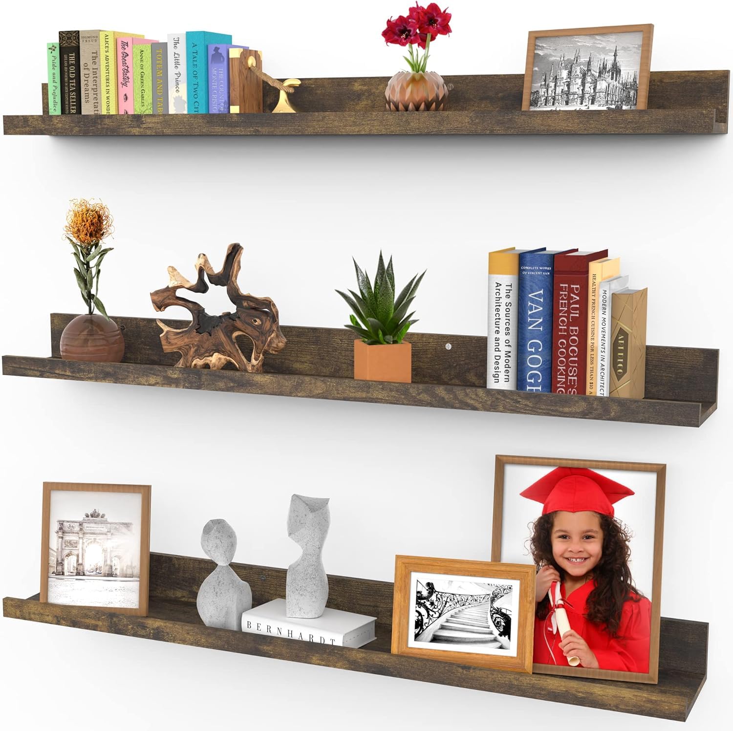 Icona Bay 36 Inch Floating Shelves for Wall, Set of 3 in Walnut Brown, Modern Rustic Style, Wall Mounted Display Shelves, Pictur