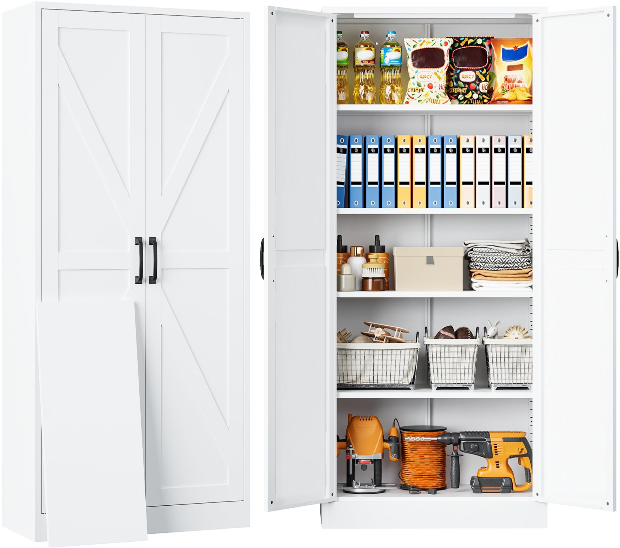 SISESOL Metal Storage Cabinet with 2 Doors and 4 Shelves,White Storage Cabinet,Pantry Cupboard for Home,Office,Kitchen,Bathroom,