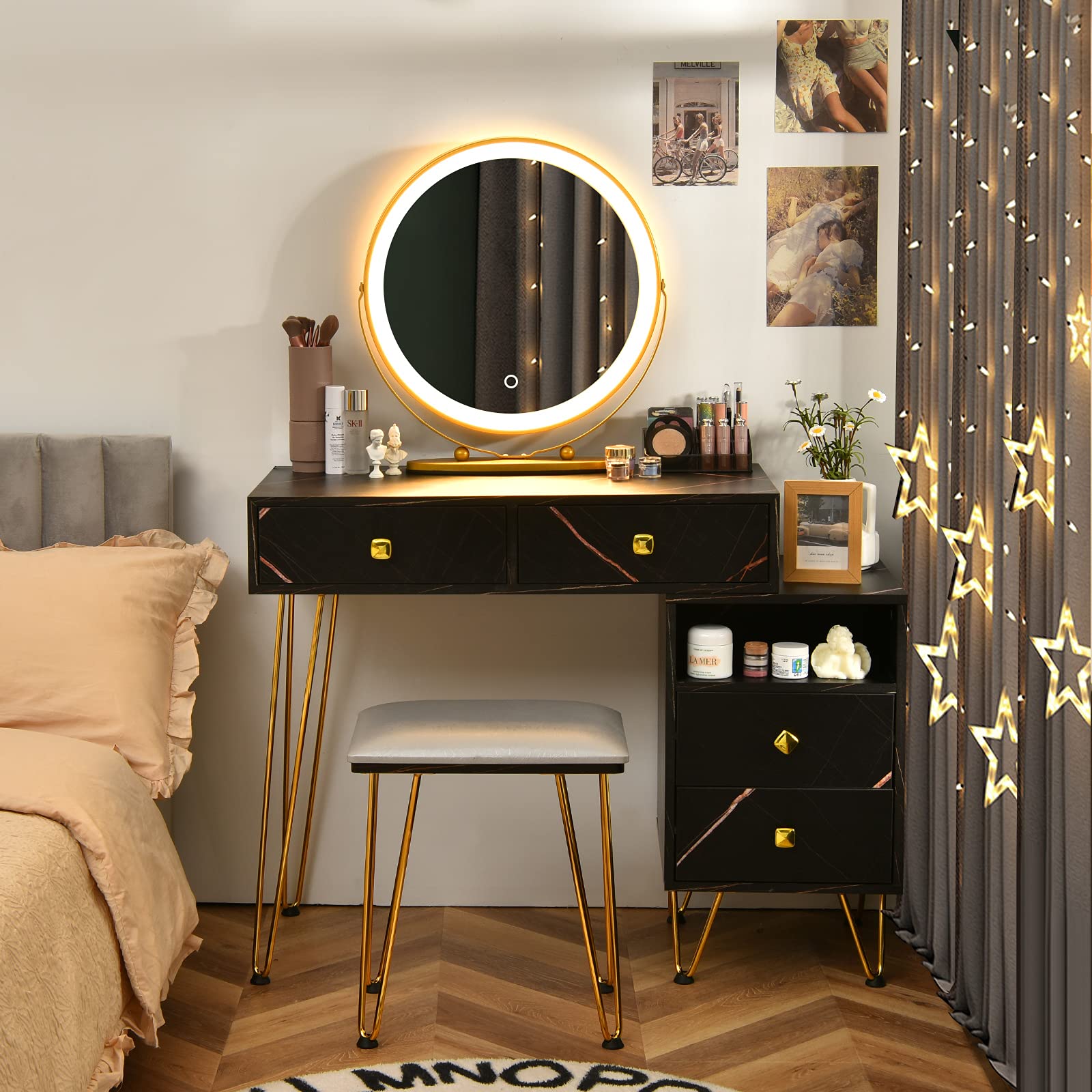 CHARMAID Vanity Desk with Reversible Side Cabinet, Makeup Vanity Table with Lighted Mirror, 3 Color Lights, 4 Drawers, Bedroom D