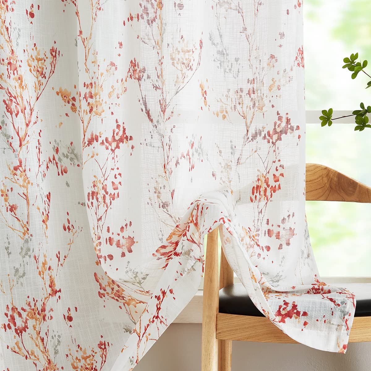 White Semi Sheers Curtains with Red Orange Tree Branch Print Pattern Window Curtains for Living-Room 84 Grommet Top Privacy Curt