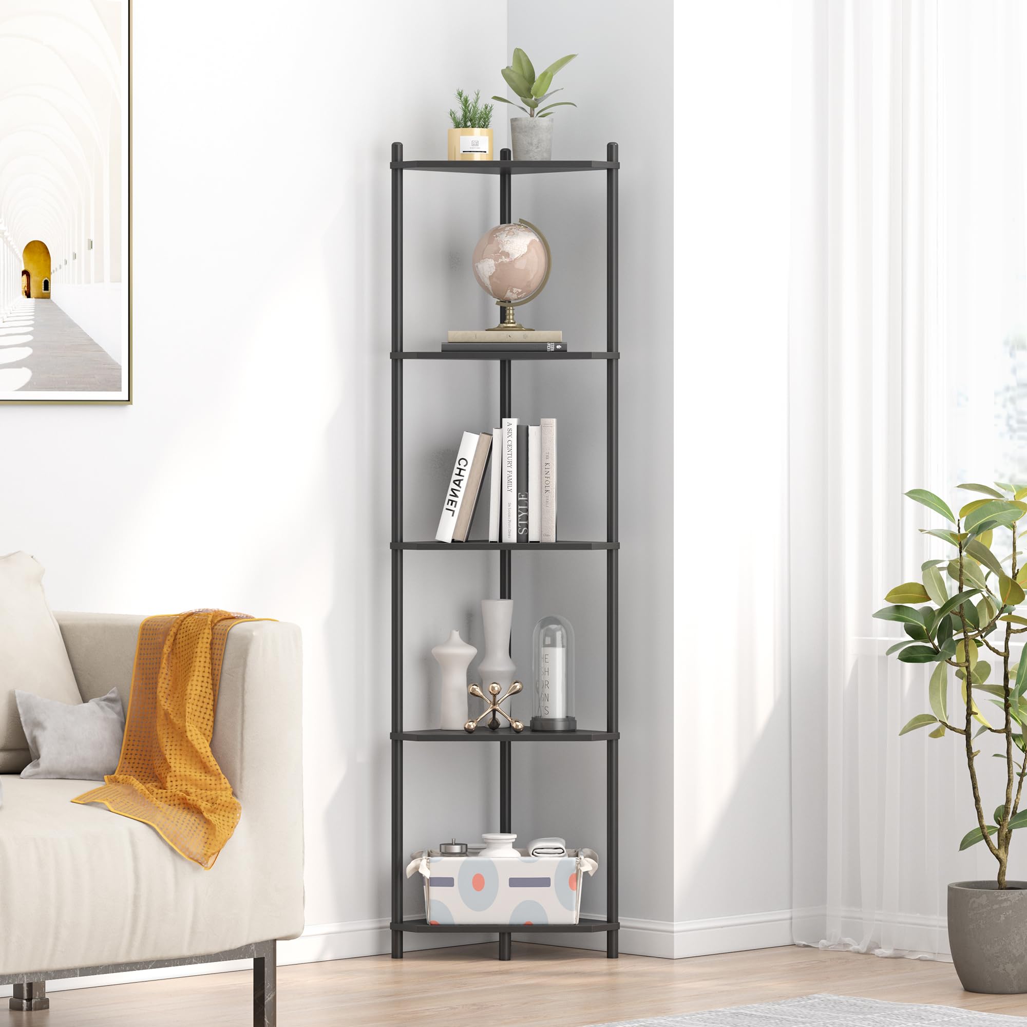 Wisuce Corner Shelf Stand - 5 Tier Black Bamboo Small Corner Bookshelf for Office Kitchen Bedroom Plant Stand Living Room Decor 