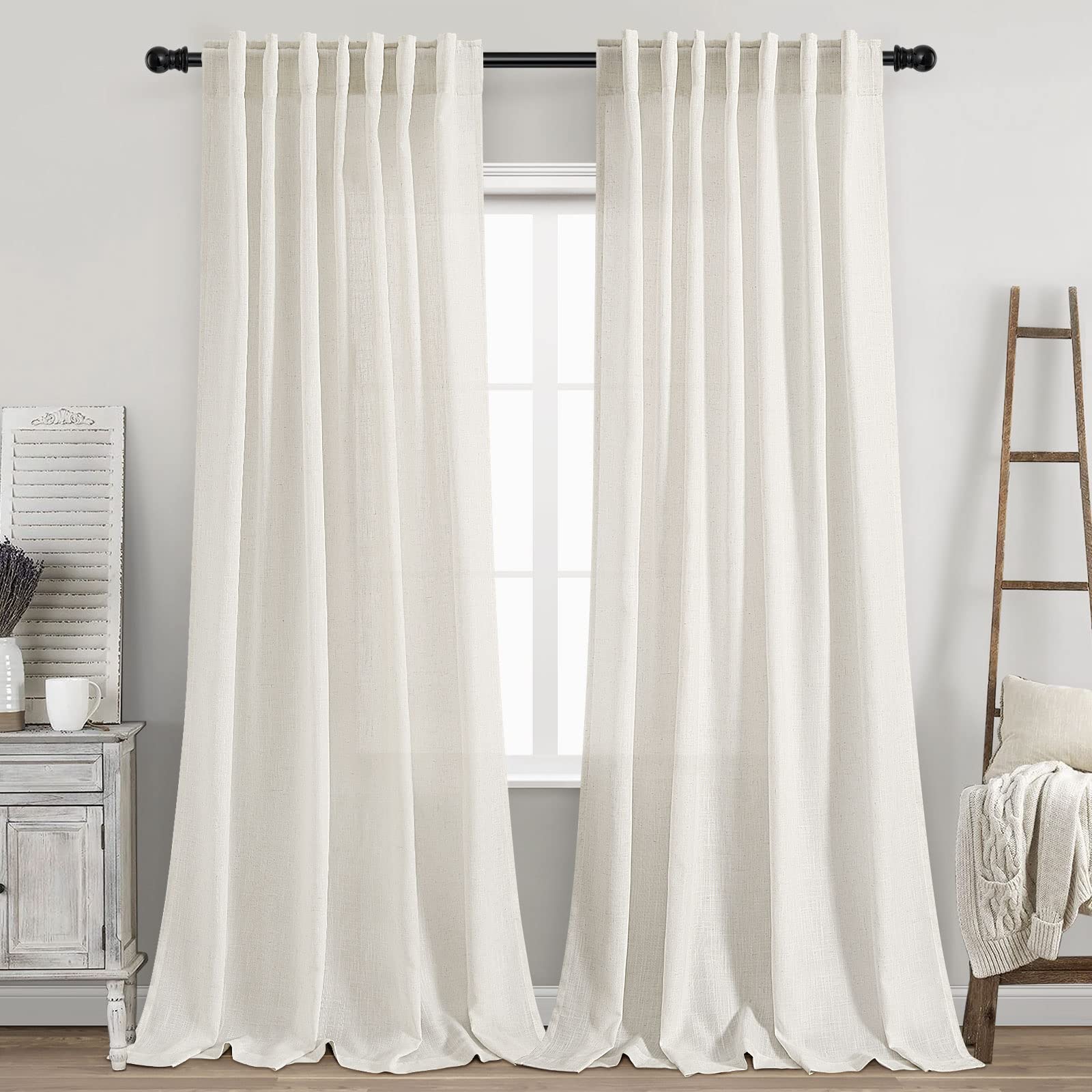 Nanspring Semi Sheer Linen Curtains 90 Inches Long for Living Room 2 Panels Set Back Tab Rod Pocket Cream Tall Vertical Curtains