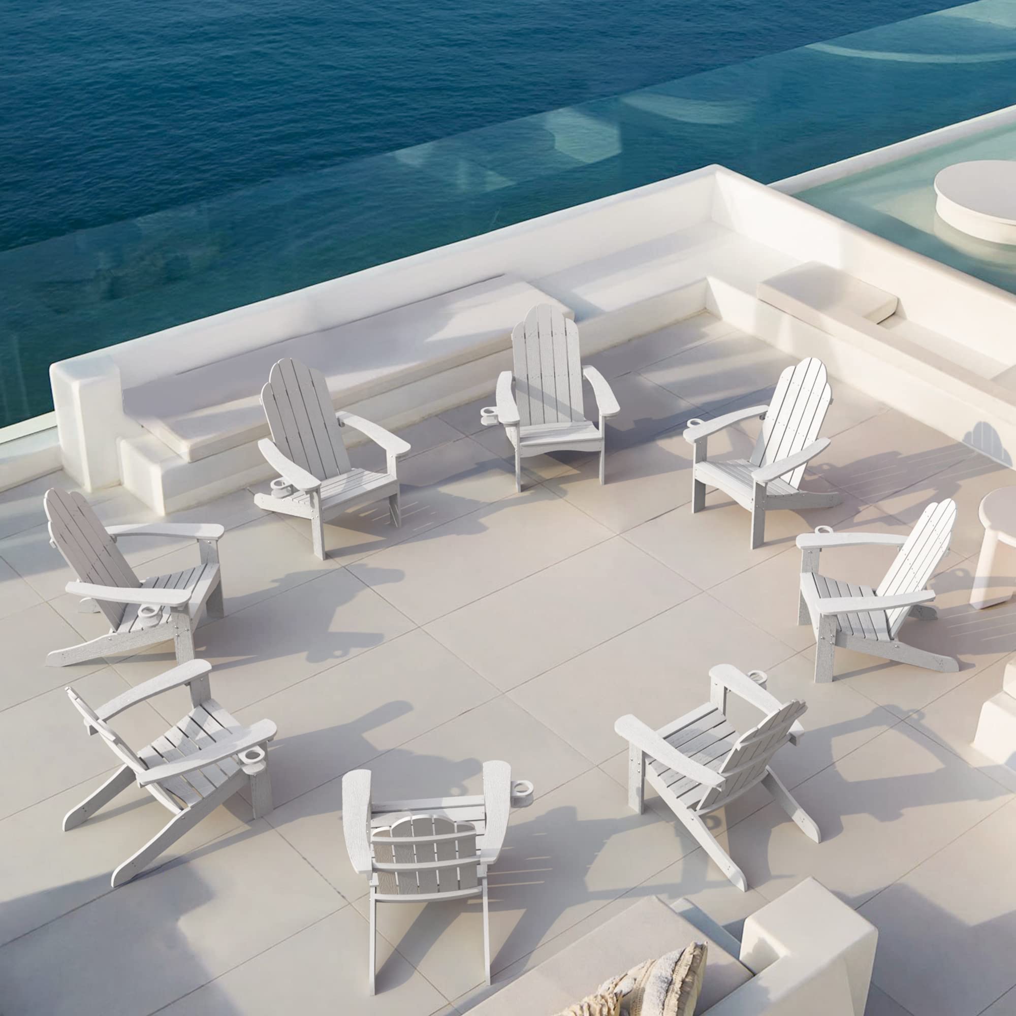 LUE BONA HDPS Adirondack Chairs Set of 8, White Adirondack Chairs with Cup Holder, 300lbs Modern Adirondack Chair Weather Resist
