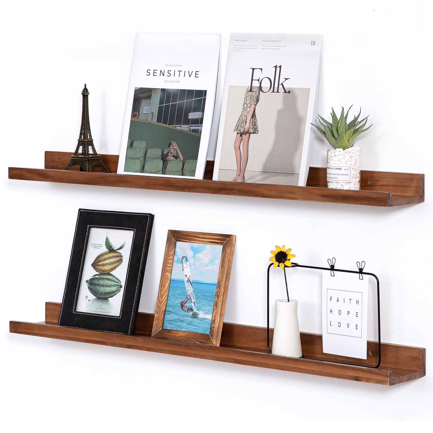 AZSKY Light Walnut Color Wood Wall Floating Shelves for Wall 36 Inch Bookshelf Wall Mount Picture Photo Frames Display Rack with
