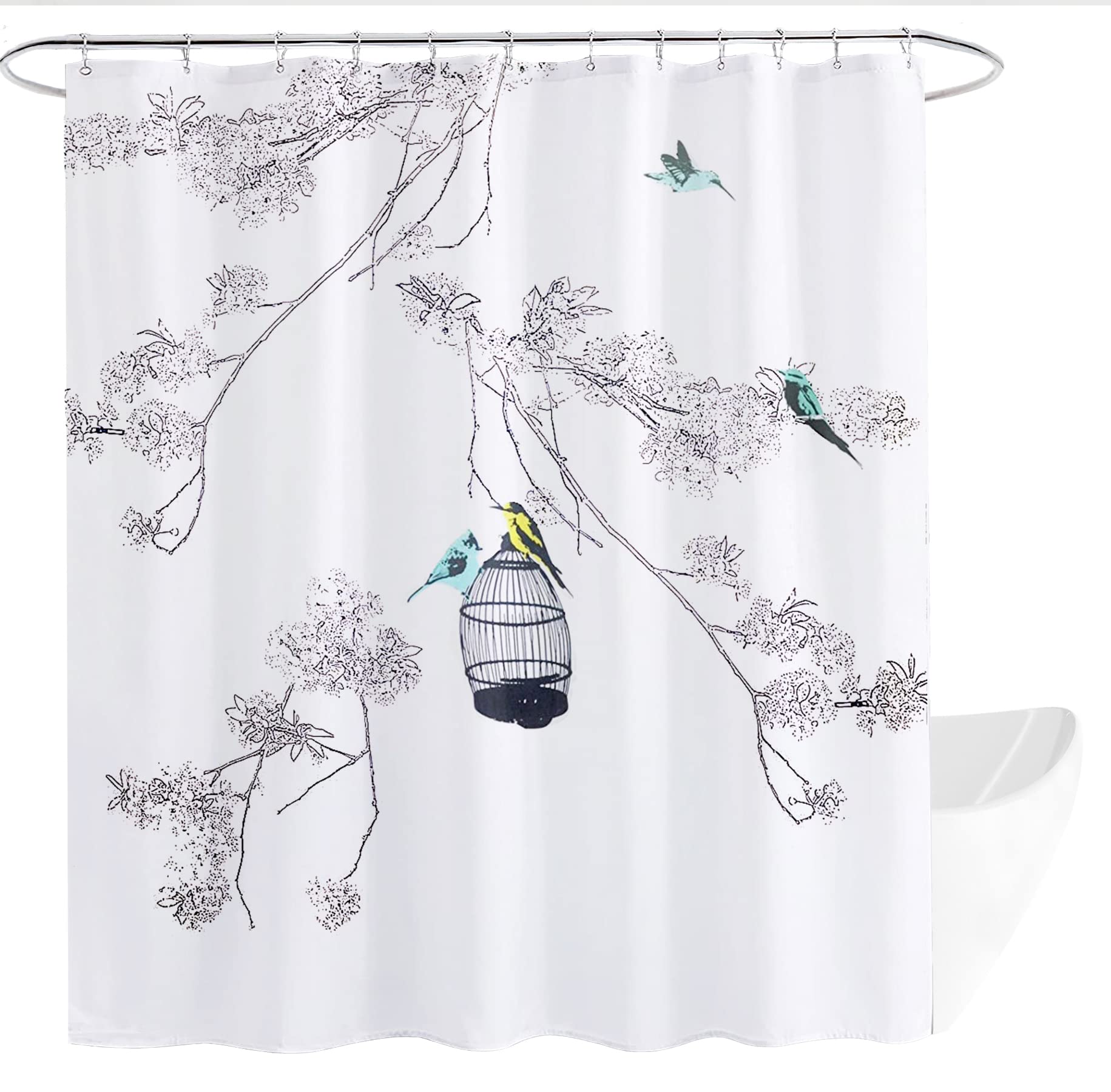 Get Orange Bird Shower Curtain Bird Branch Tree Vintage Nature Floral Buds Cage and Birds Branches Polyester Fabric Bathroom Cur
