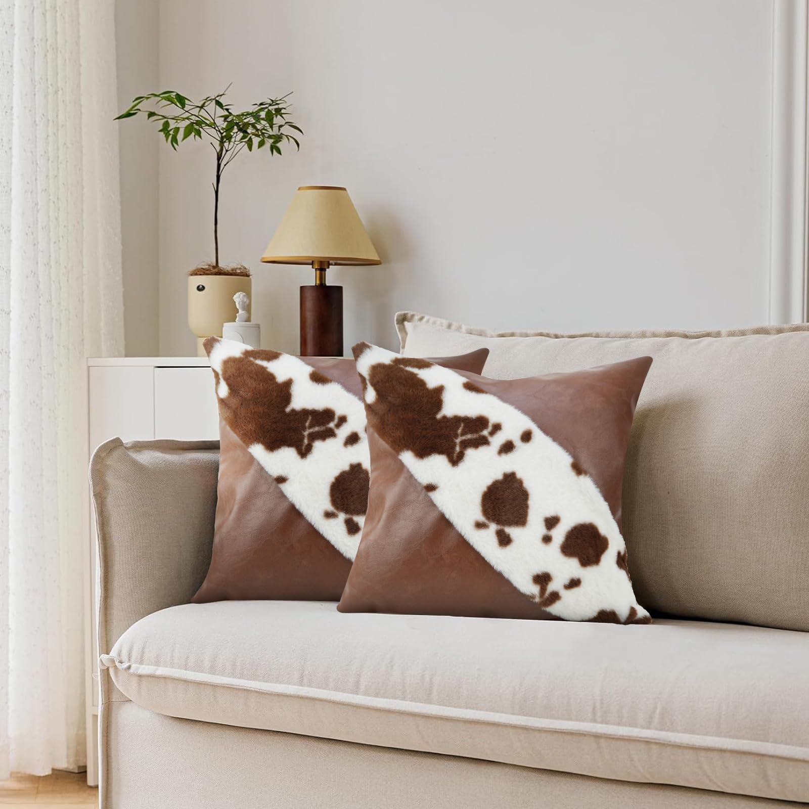 TOMWISH Faux Fur and Artificial Leather Throw Pillow Covers 18x18 Set of 2,Western Decor Christmas Decorative Modern Throw Pillo